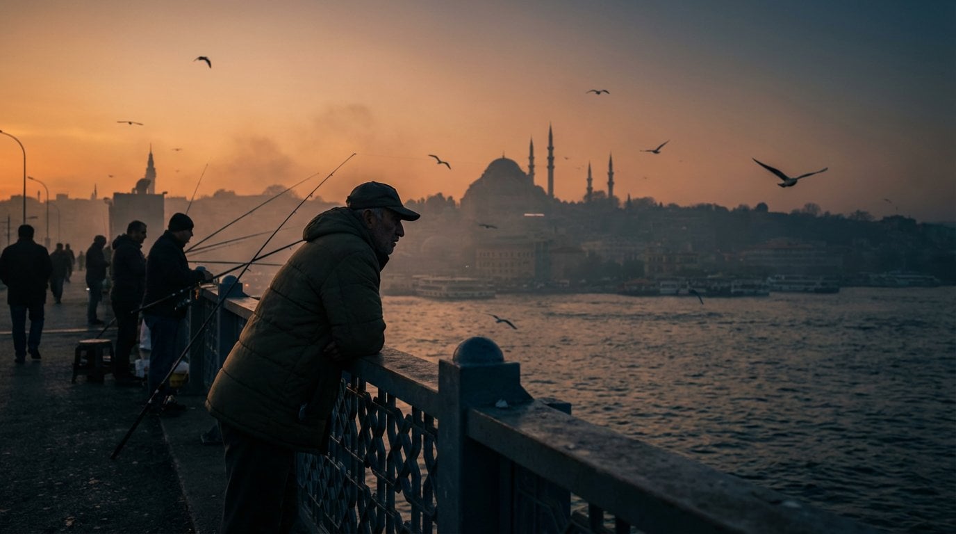 A cinematic silhouette shot of local fishermen lining the Galata Bridge in Istan