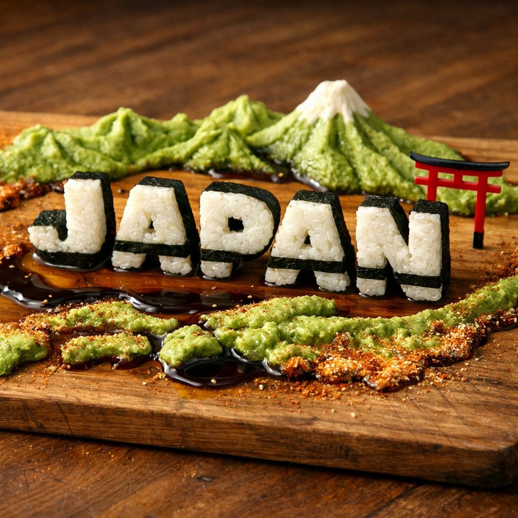 A charcuterie-style board presents JAPAN as an edible sculpture: • Letters carve