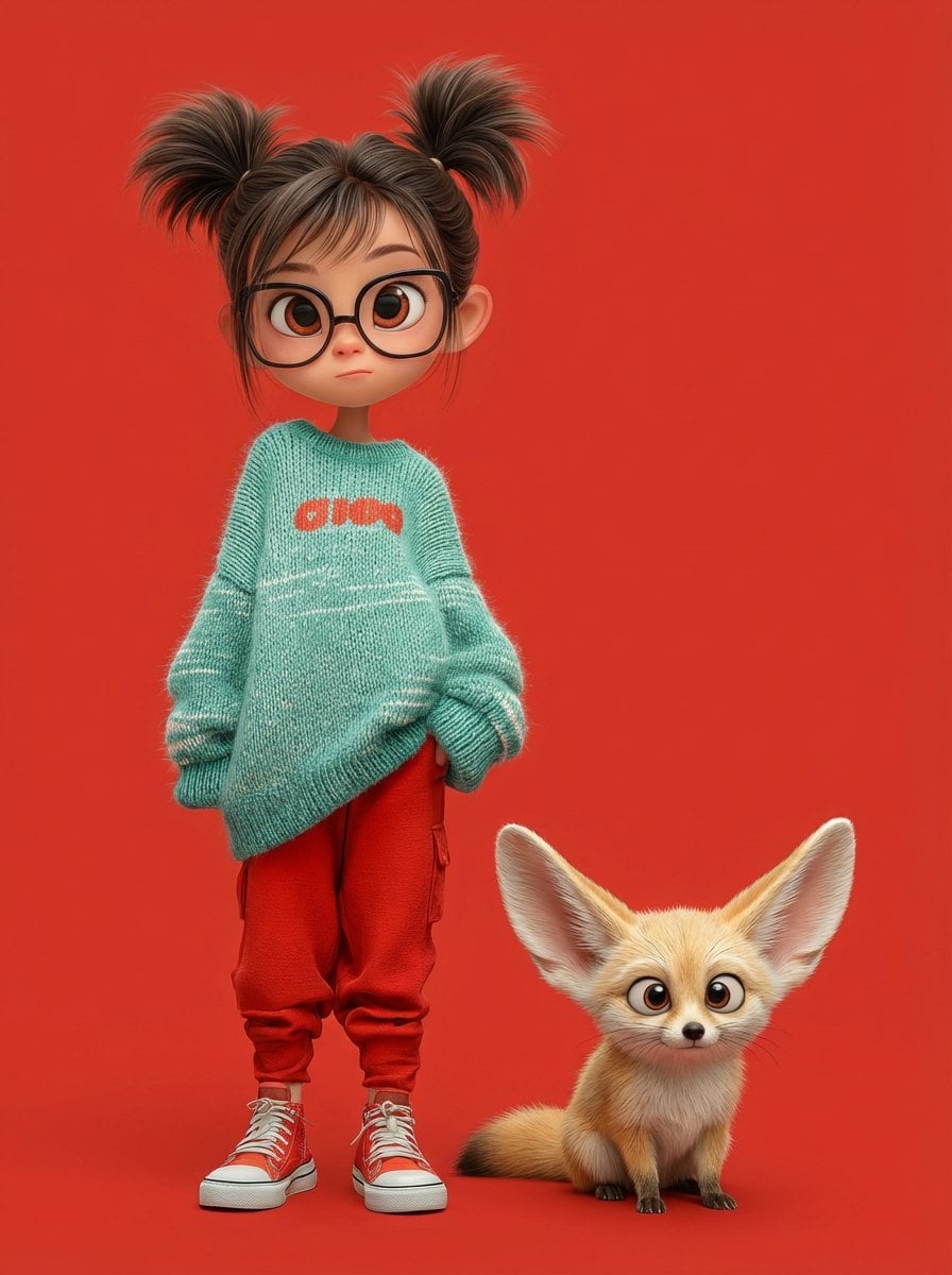 A cute 3D Pixar-style character portrait of a little girl with big expressive ey