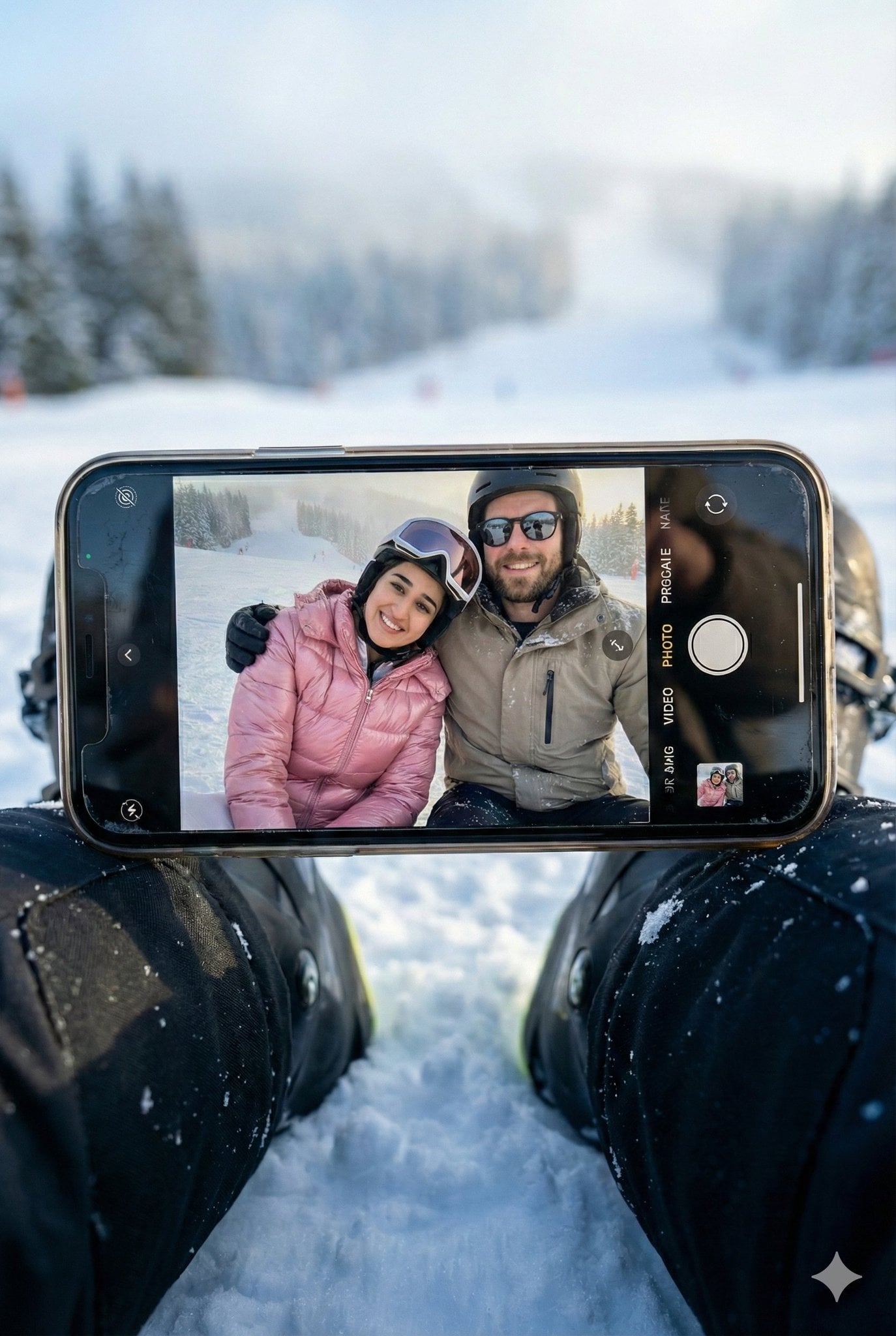 Create a hyper-realistic winter scene in a vertical 3:4 aspect ratio with cinema