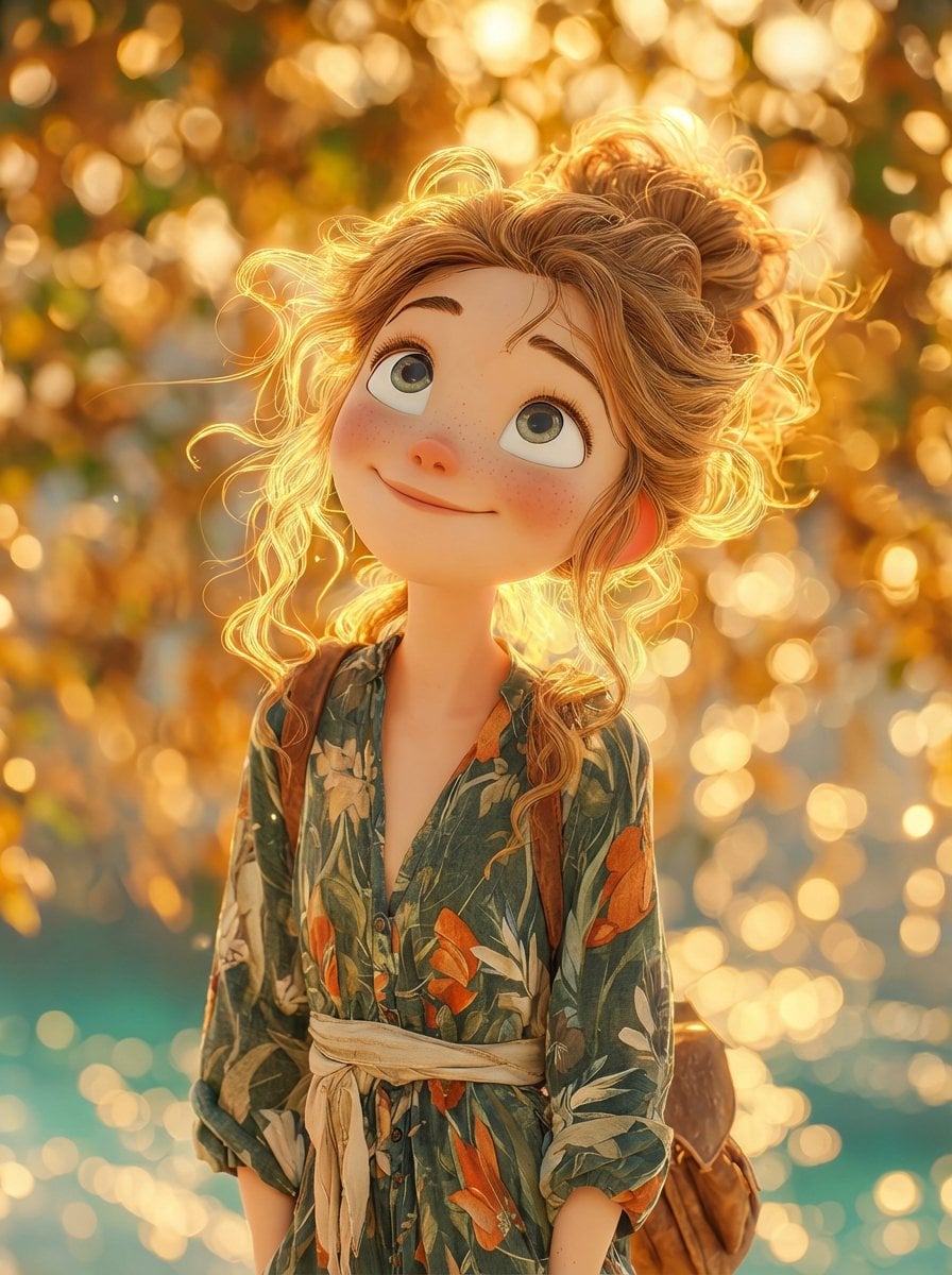 A dreamy, cinematic 3D animated girl with big expressive eyes and soft freckles,