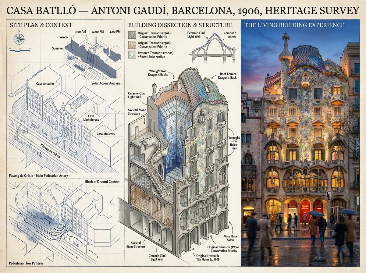 A preservation architect's survey board for [BUILDING / STRUCTURE] — [STYLE / AR