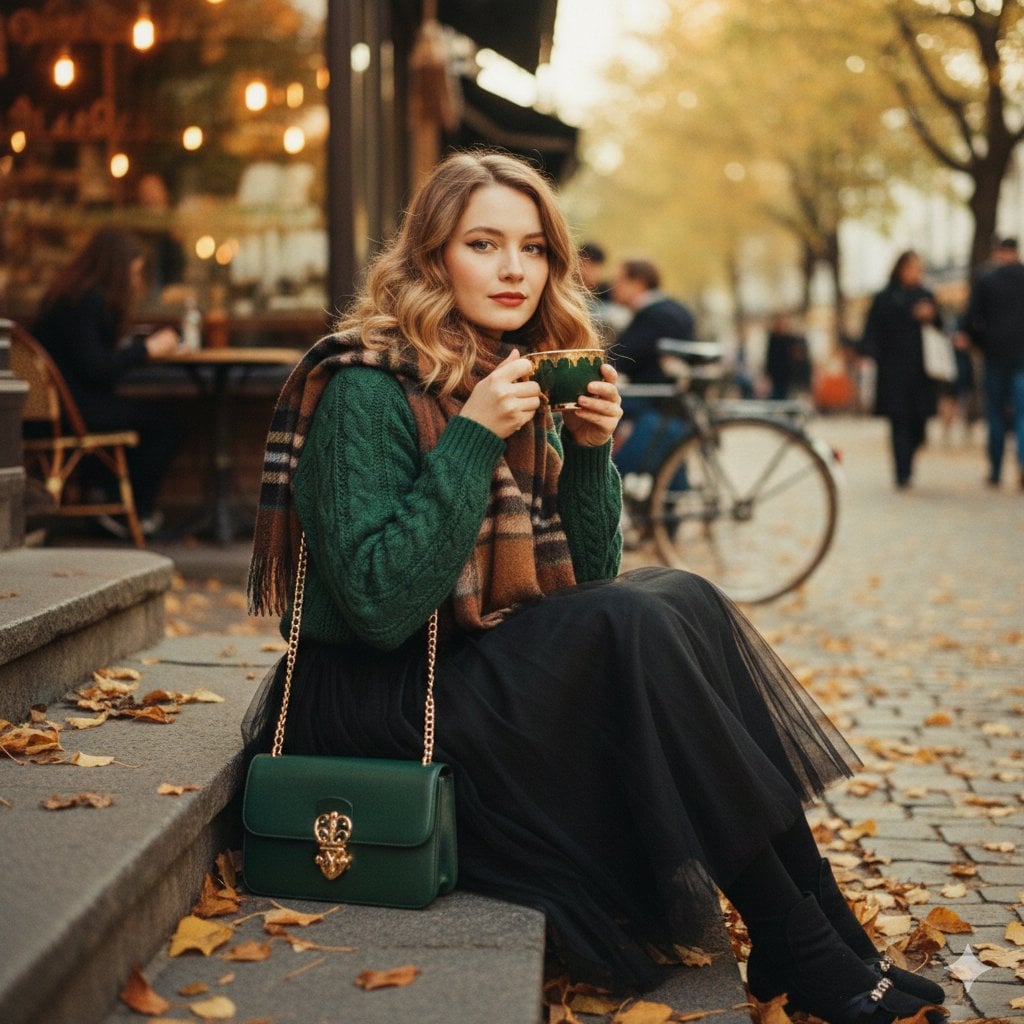 A cinematic 1970s-inspired fashion portrait of a graceful young woman seated on 