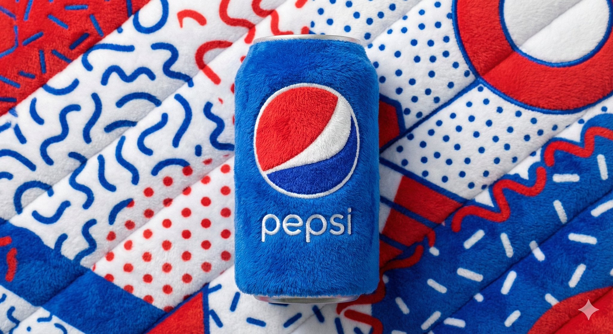 A beverage can branded [BRAND NAME], entirely made from vibrant, fluffy plush fa