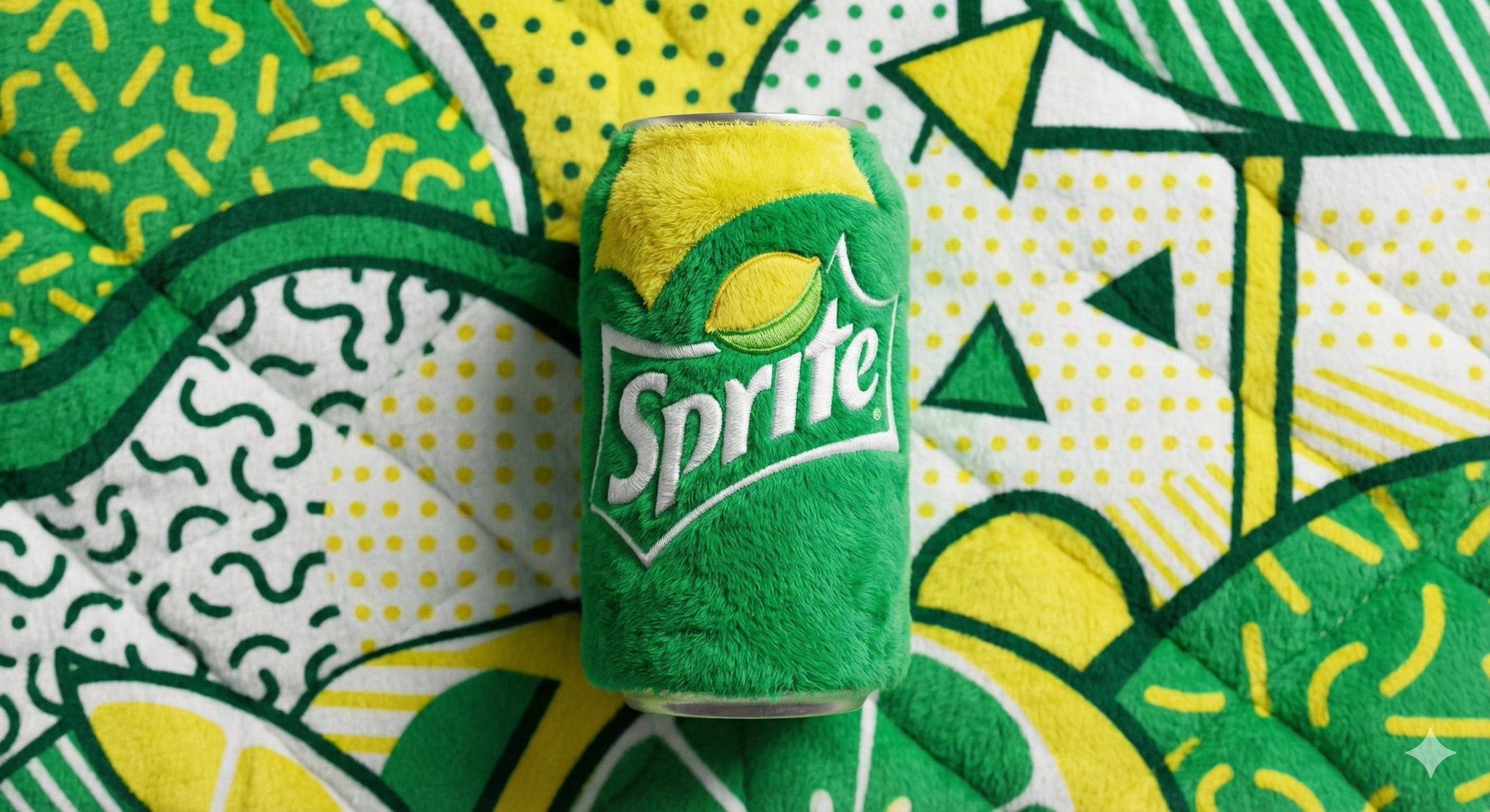 A beverage can branded [BRAND NAME], entirely made from vibrant, fluffy plush fa