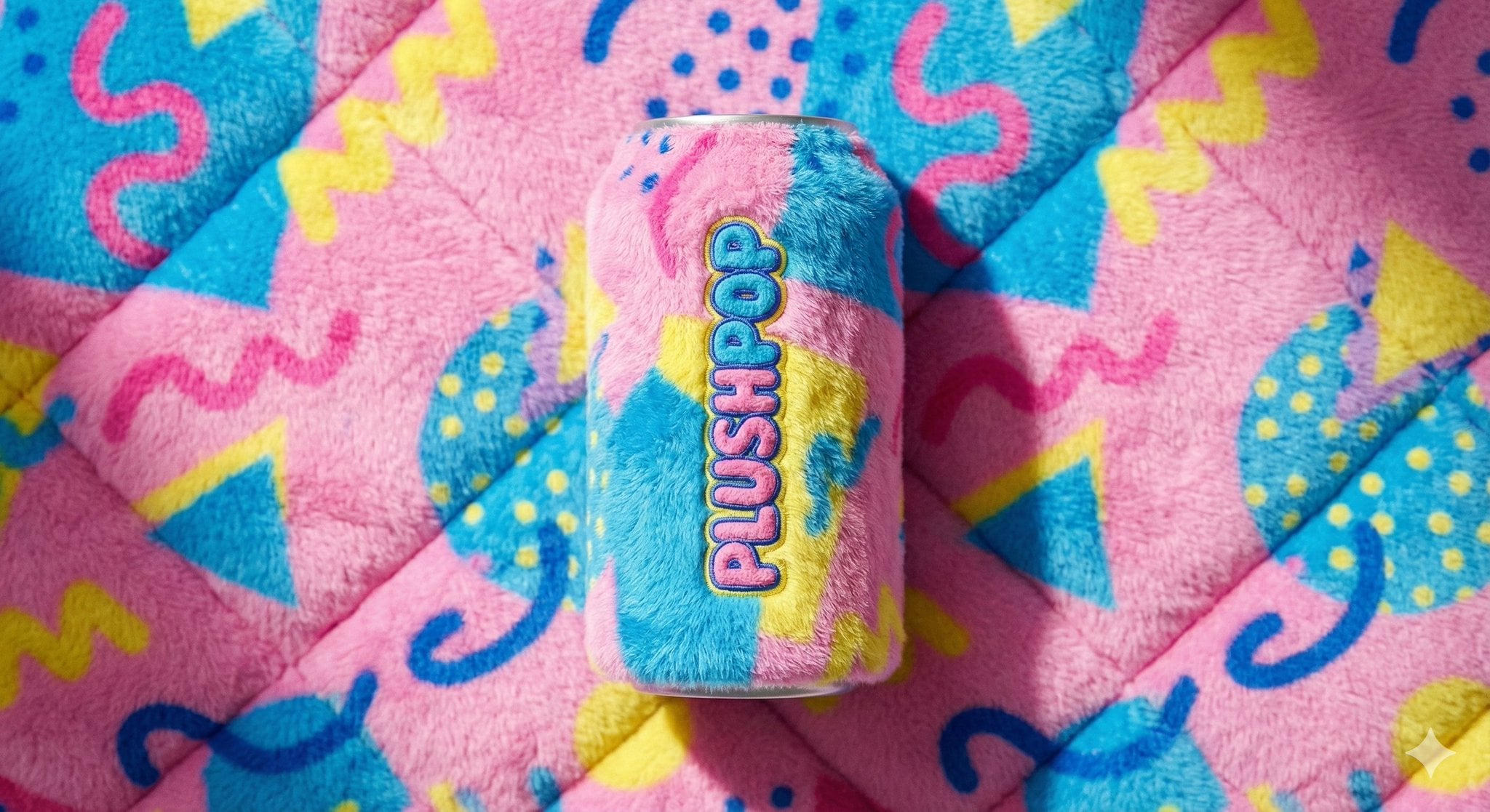 A beverage can branded [BRAND NAME], entirely made from vibrant, fluffy plush fa