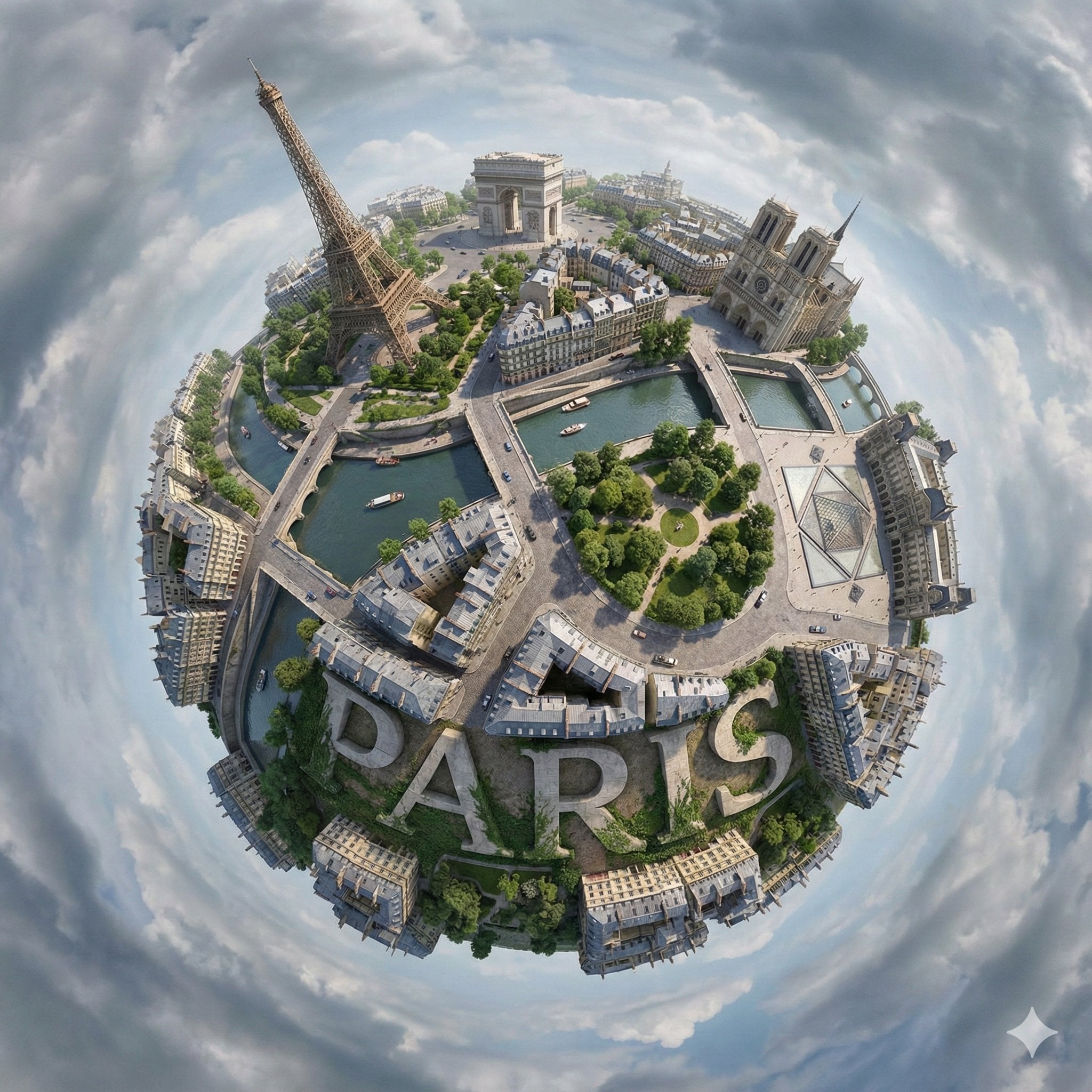 Create a hyperrealistic, surreal spherical panorama of [CITY NAME], with its mos