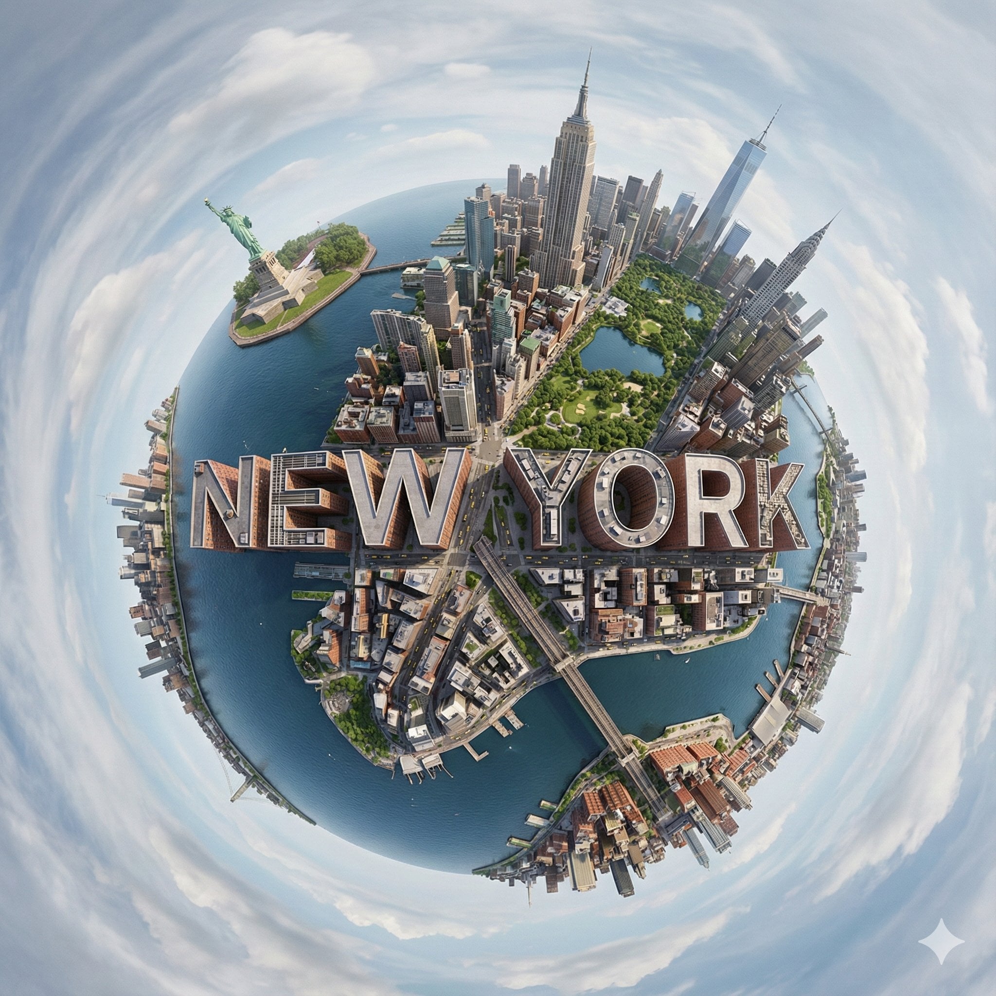 Create a hyperrealistic, surreal spherical panorama of [CITY NAME], with its mos