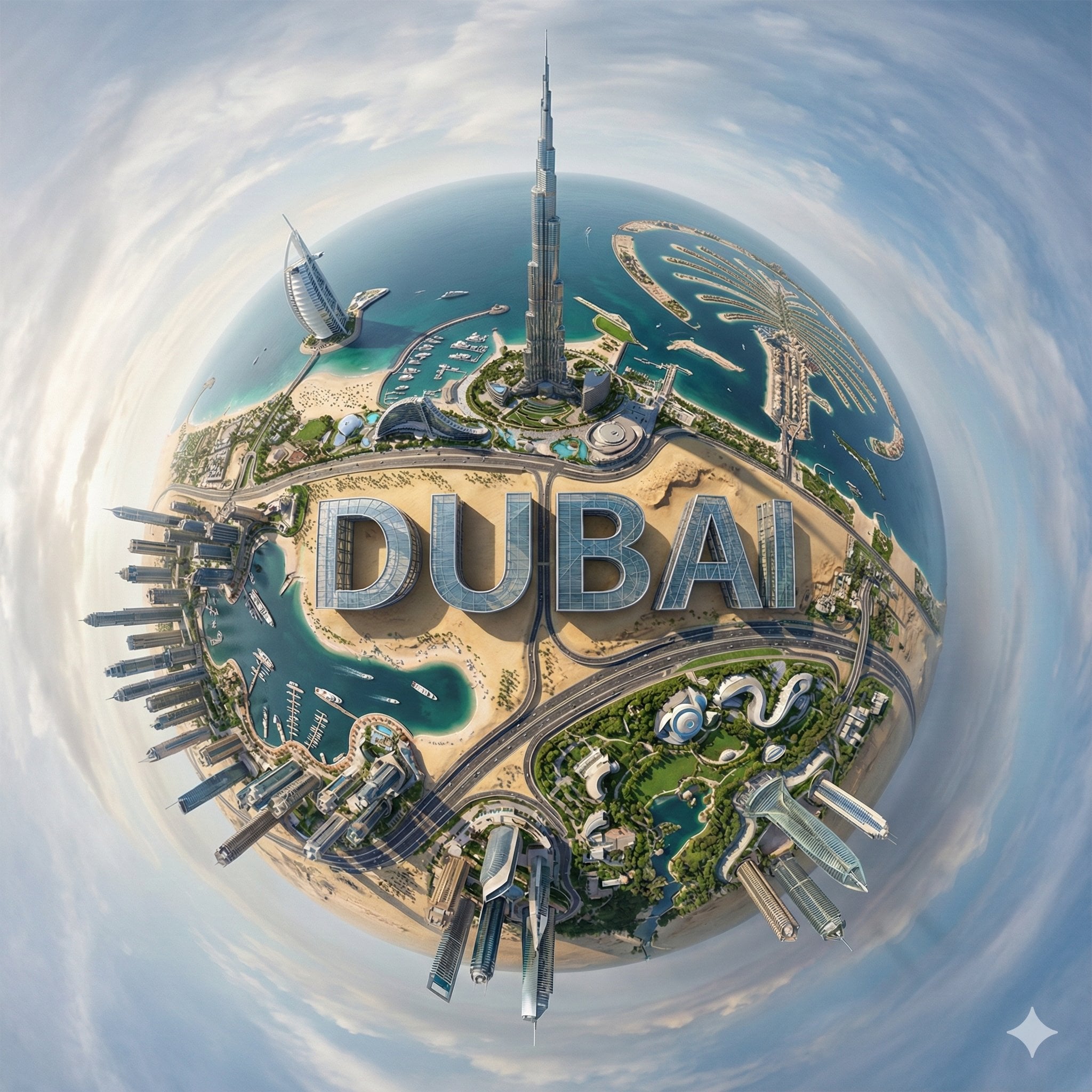 Create a hyperrealistic, surreal spherical panorama of [CITY NAME], with its mos