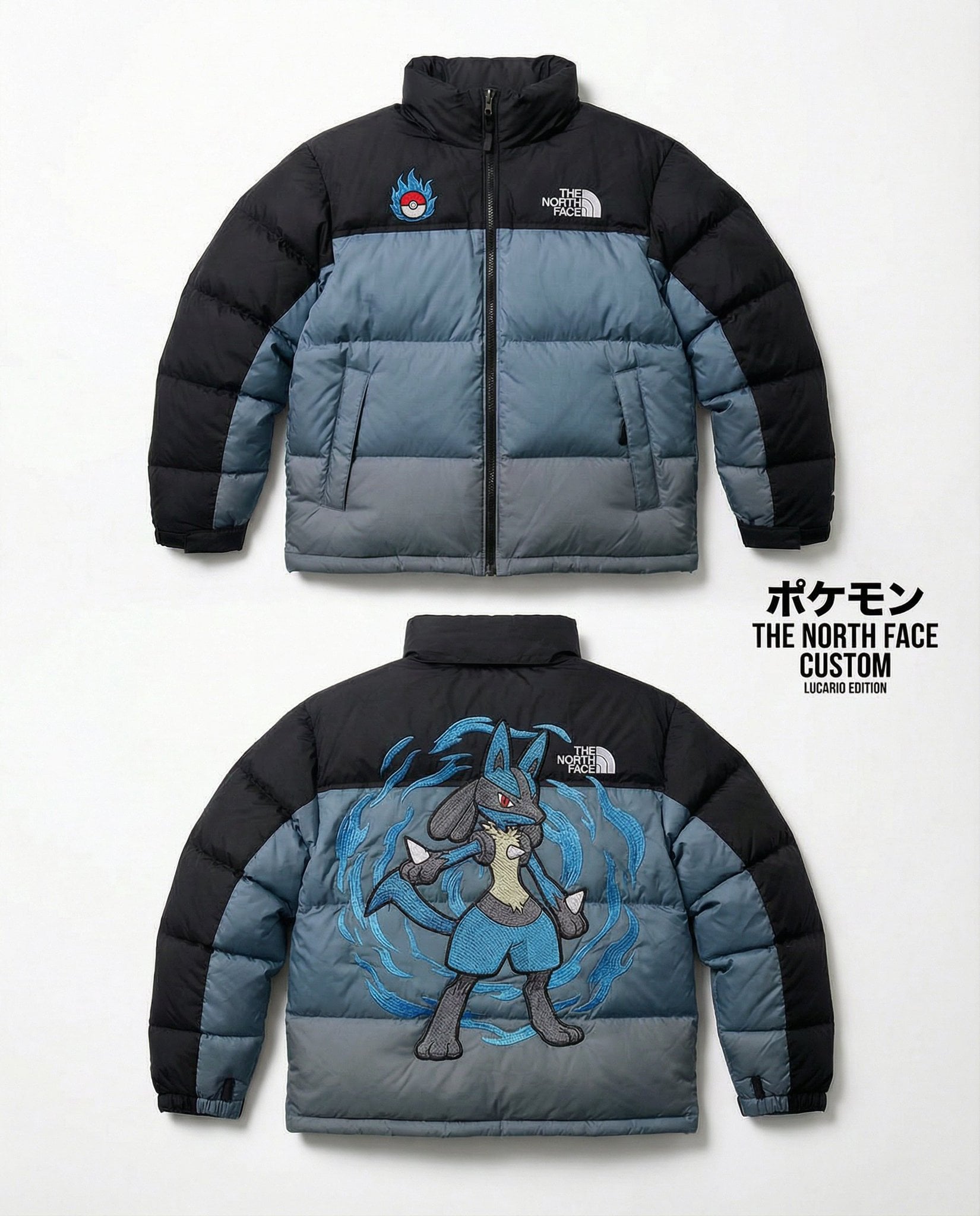 High-end editorial product shot of a custom The North Face Nuptse 700 puffer jac