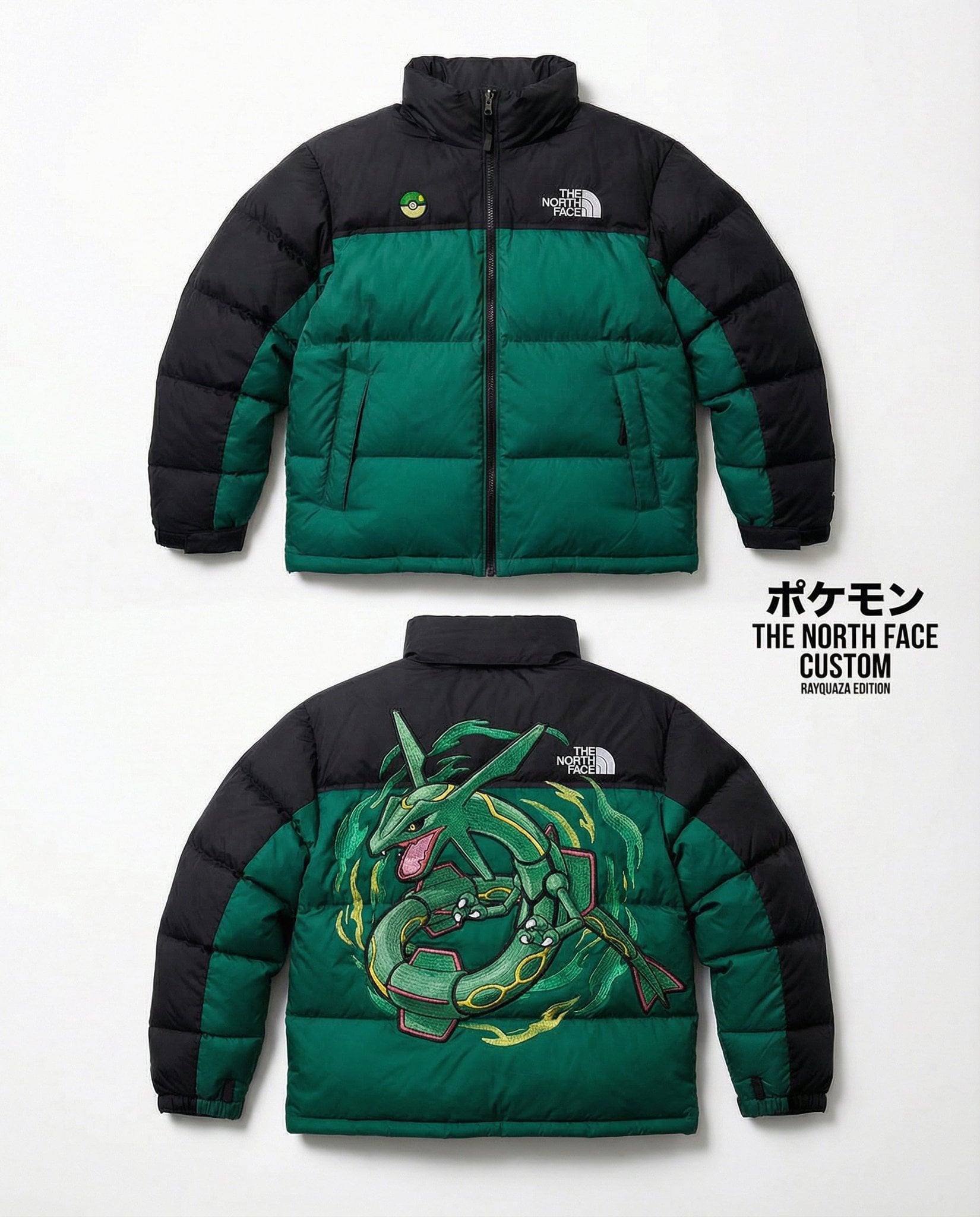 High-end editorial product shot of a custom The North Face Nuptse 700 puffer jac