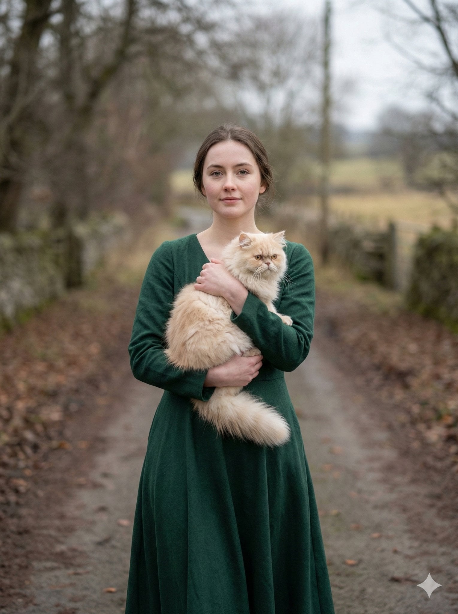 portrait of a young woman in her early 20s walking calmly on a beautiful road, h