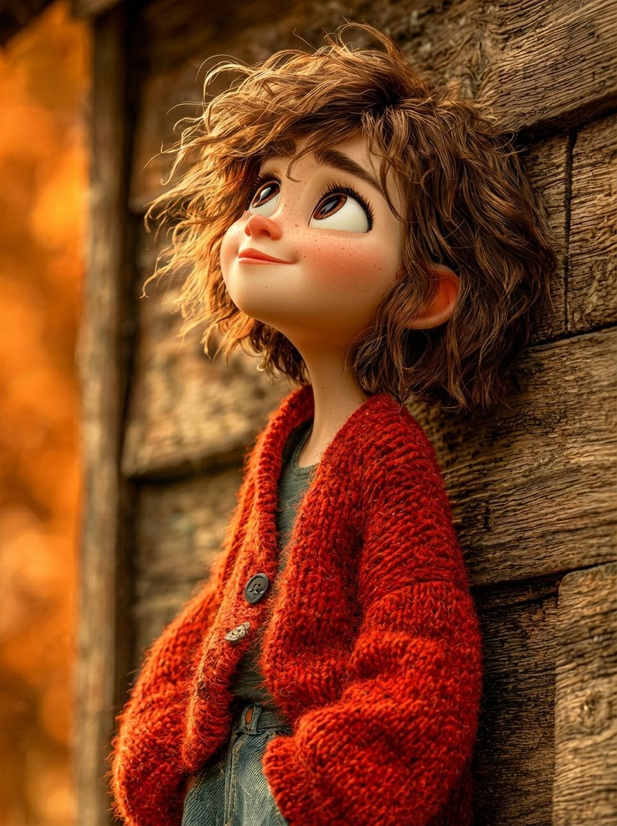 1. A stylized 3D animated girl with short messy curly ginger hair, light freckle