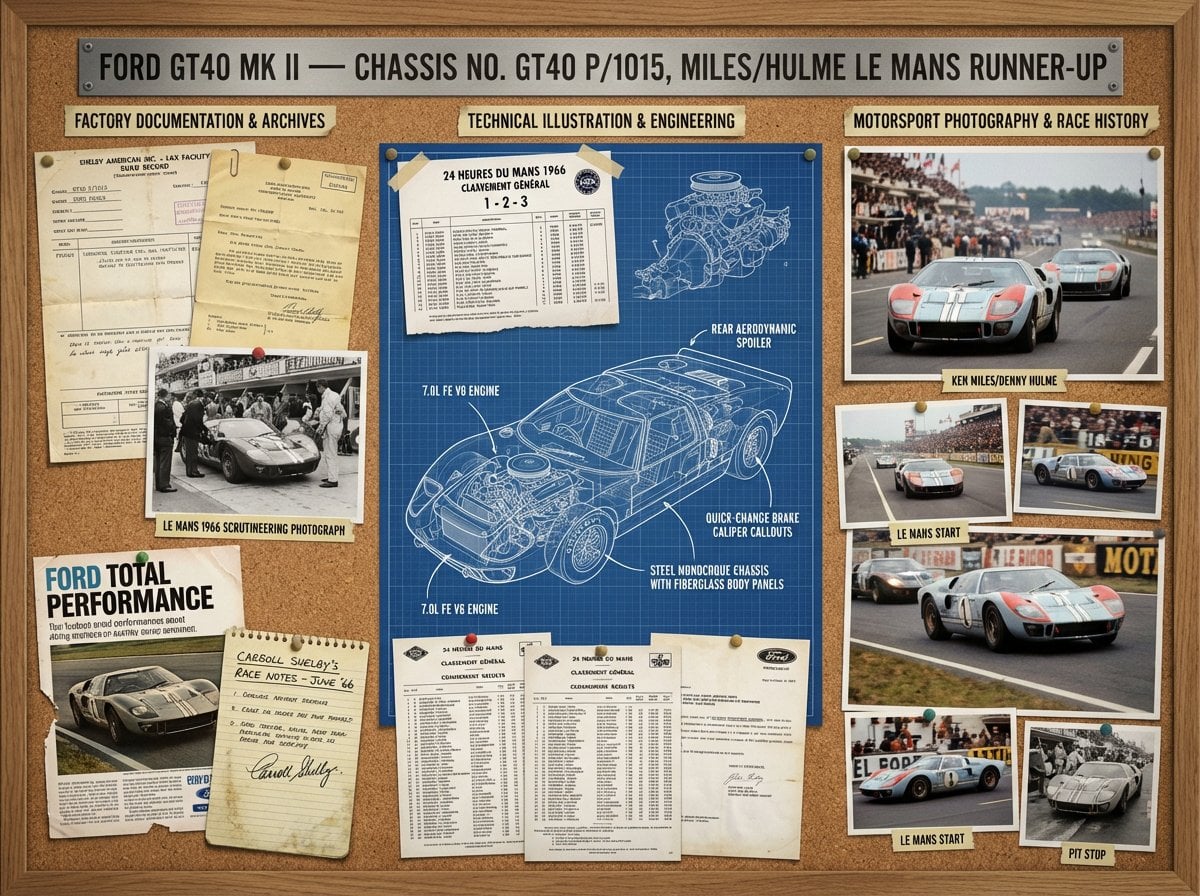 A marque historian's documentation board for [VEHICLE] — [MODEL / VARIANT / YEAR
