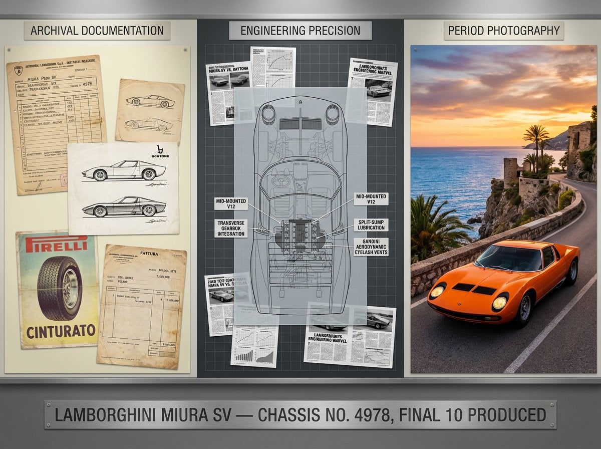 A marque historian's documentation board for [VEHICLE] — [MODEL / VARIANT / YEAR