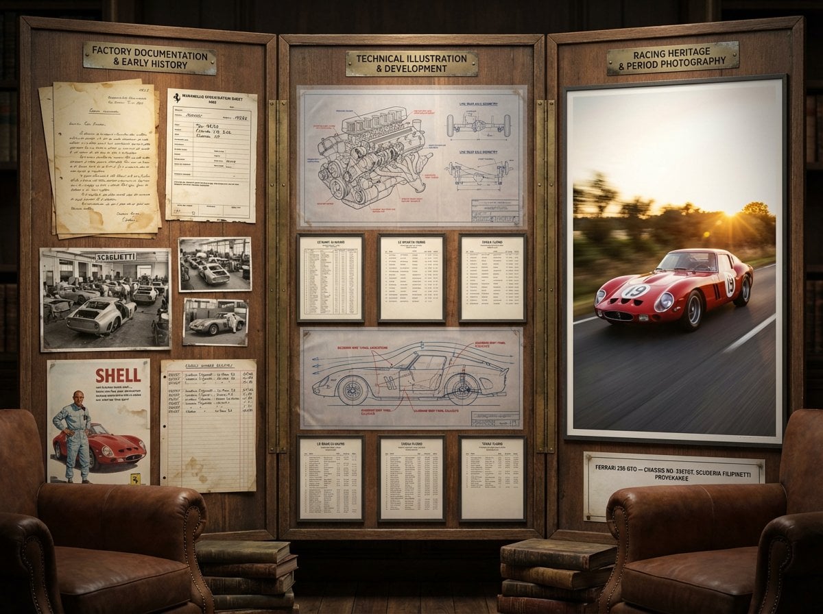 A marque historian's documentation board for [VEHICLE] — [MODEL / VARIANT / YEAR