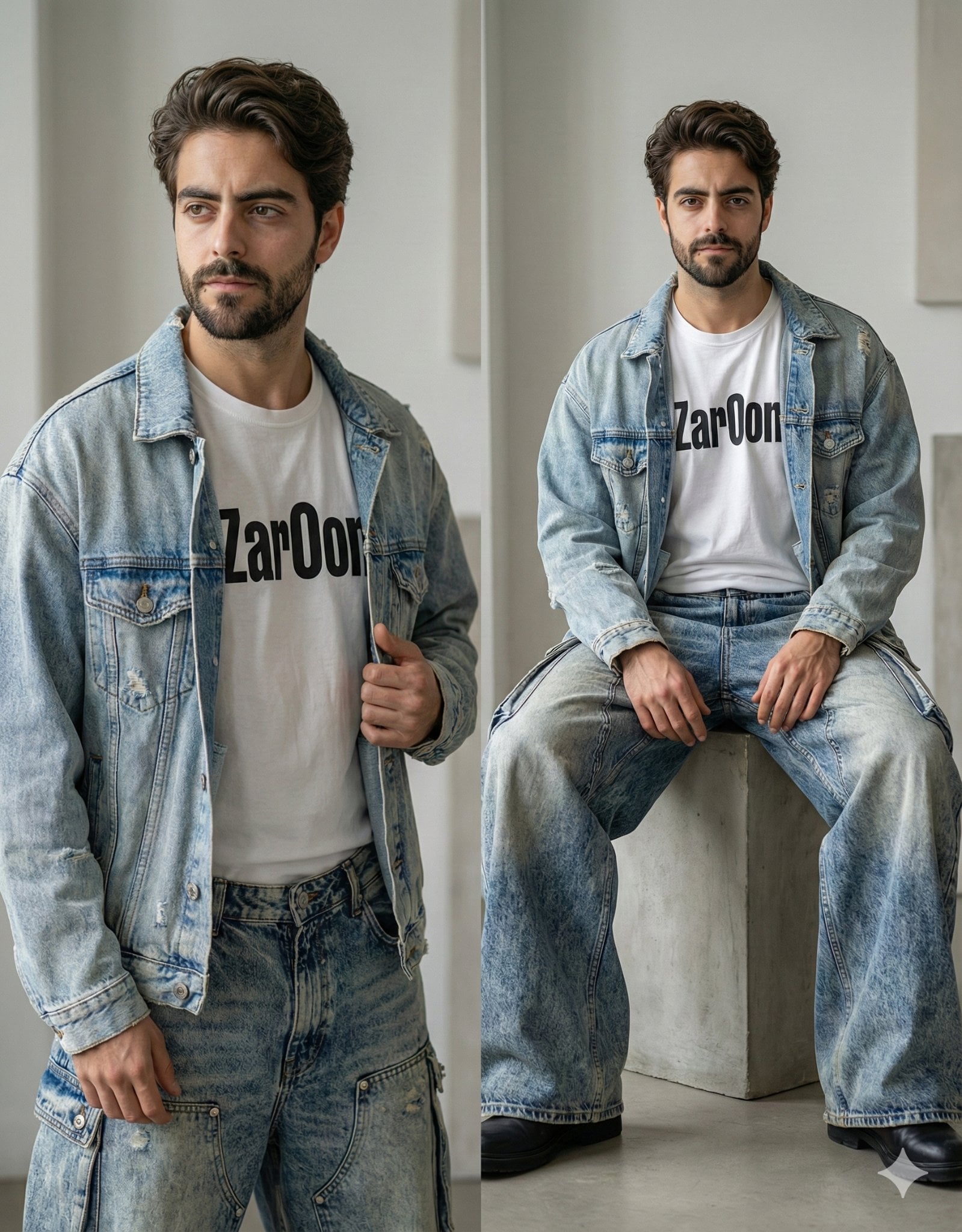 Beard. Makeup is minimal and natural, emphasizing clear skin and subtle lip colo