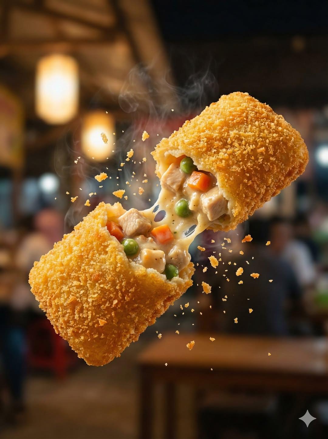 "Macro food photography of a crispy martabak telur tearing open mid-air, thin go