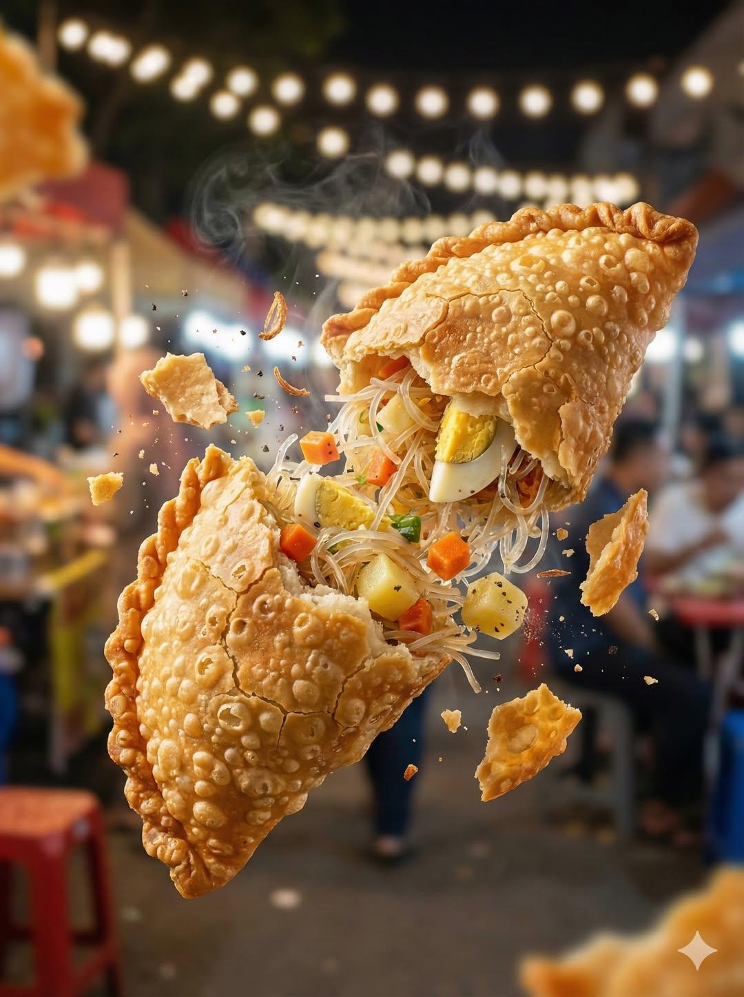 "Macro food photography of a crispy martabak telur tearing open mid-air, thin go