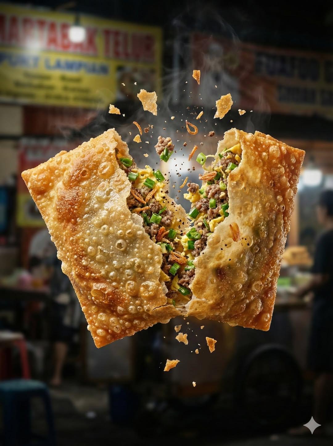 "Macro food photography of a crispy martabak telur tearing open mid-air, thin go