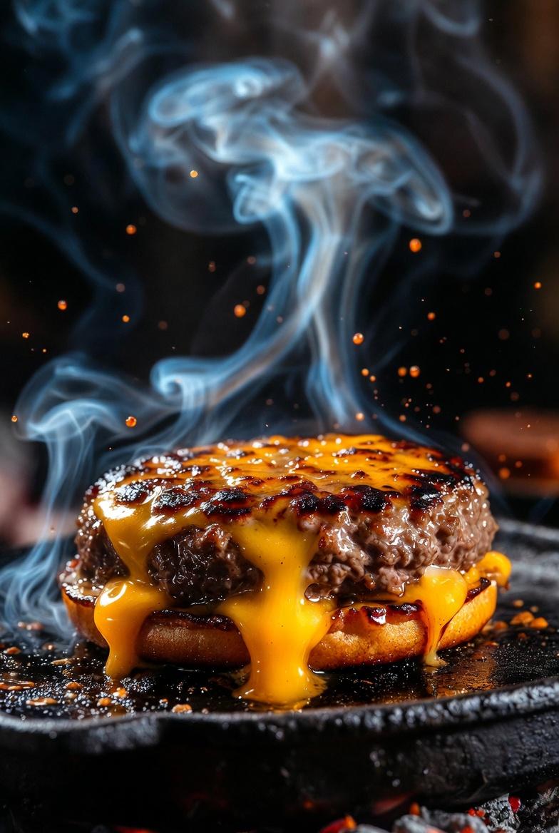 A hyper-realistic, cinematic close-up of a sizzling gourmet cheeseburger. The th