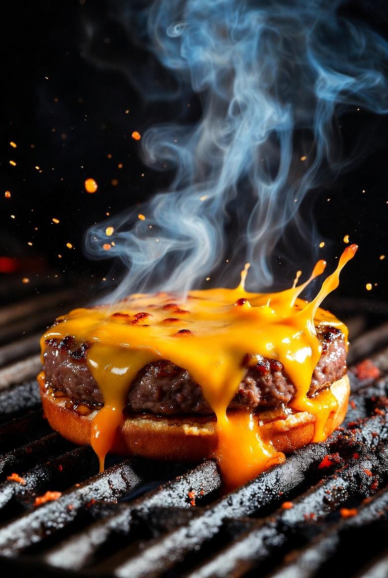 A hyper-realistic, cinematic close-up of a sizzling gourmet cheeseburger. The th