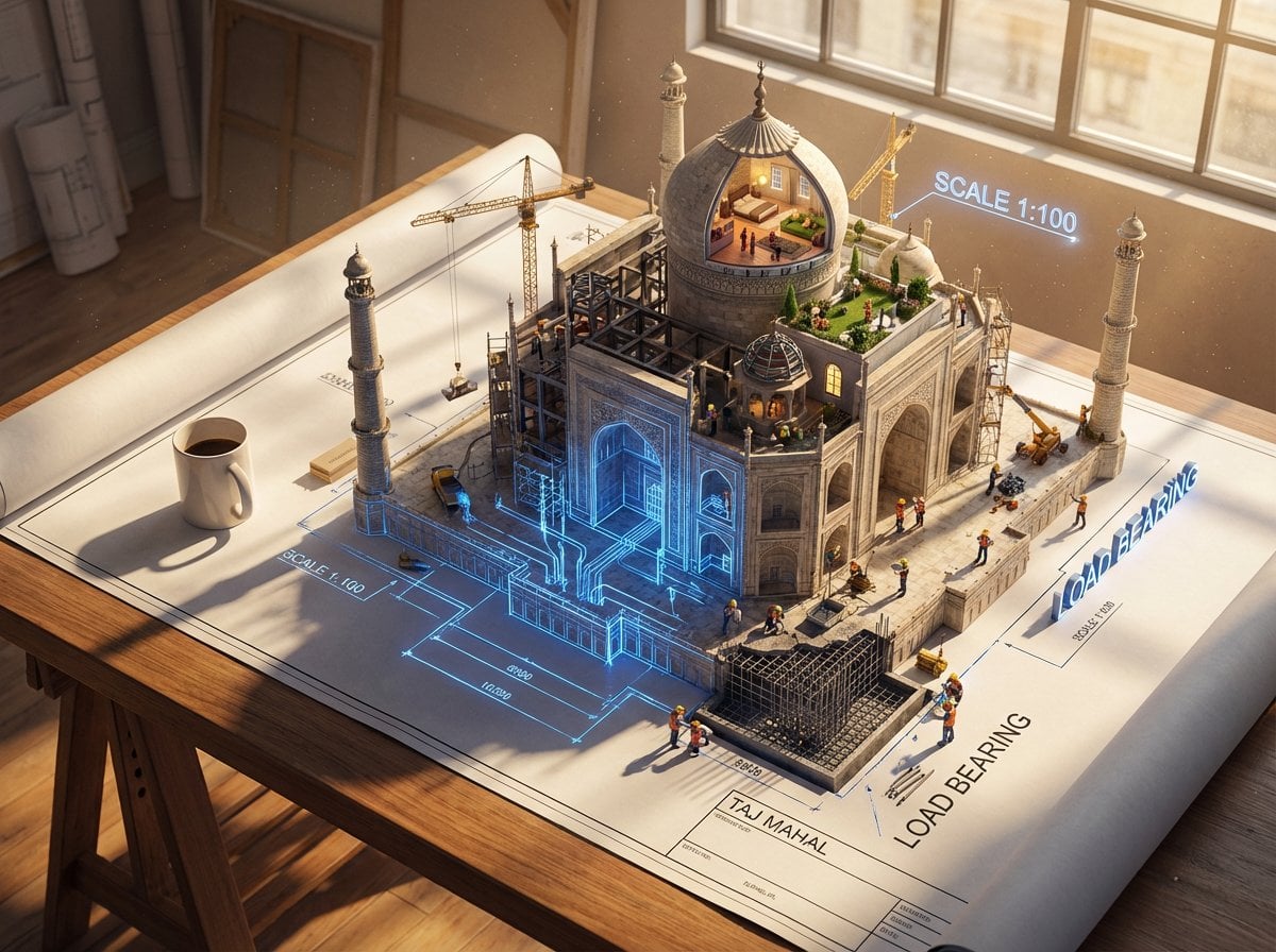 Epic 3D scene: a massive architectural blueprint of [BUILDING/STRUCTURE] pinned 
