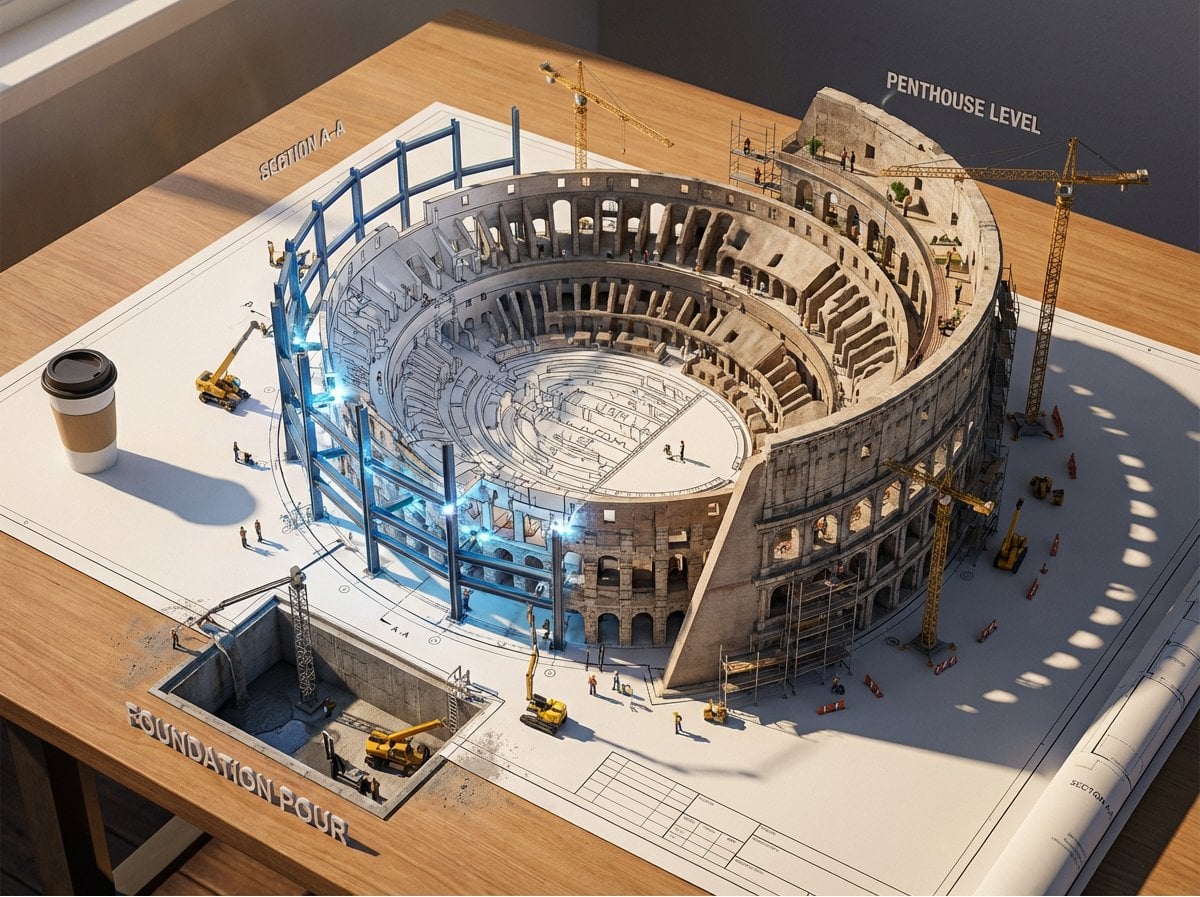 Epic 3D scene: a massive architectural blueprint of [BUILDING/STRUCTURE] pinned 