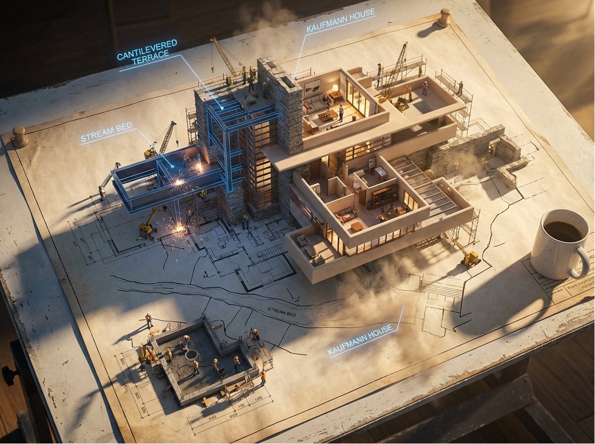 Epic 3D scene: a massive architectural blueprint of [BUILDING/STRUCTURE] pinned 