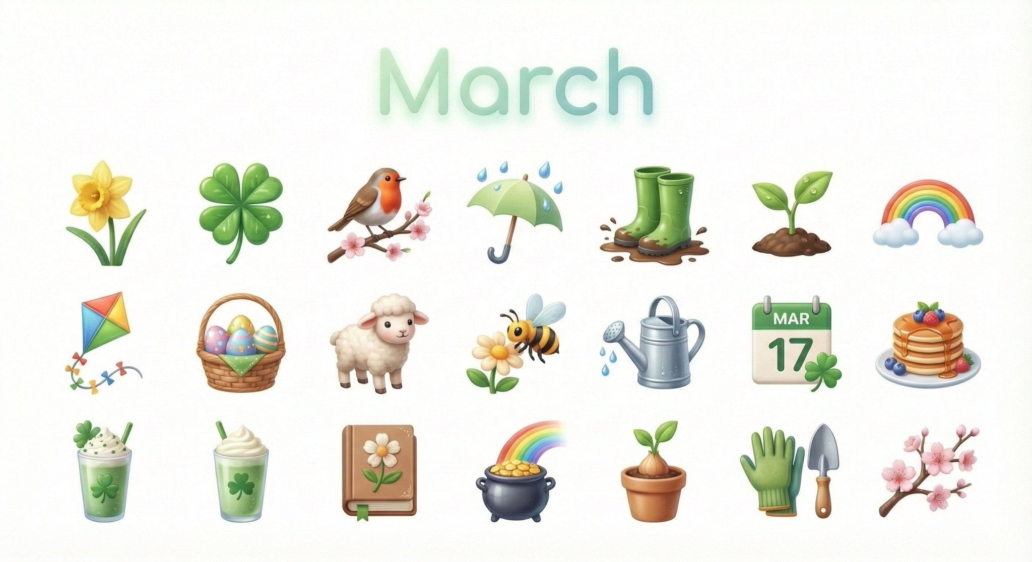 Create a collection of icons representing [Month] through objects, symbols, and 