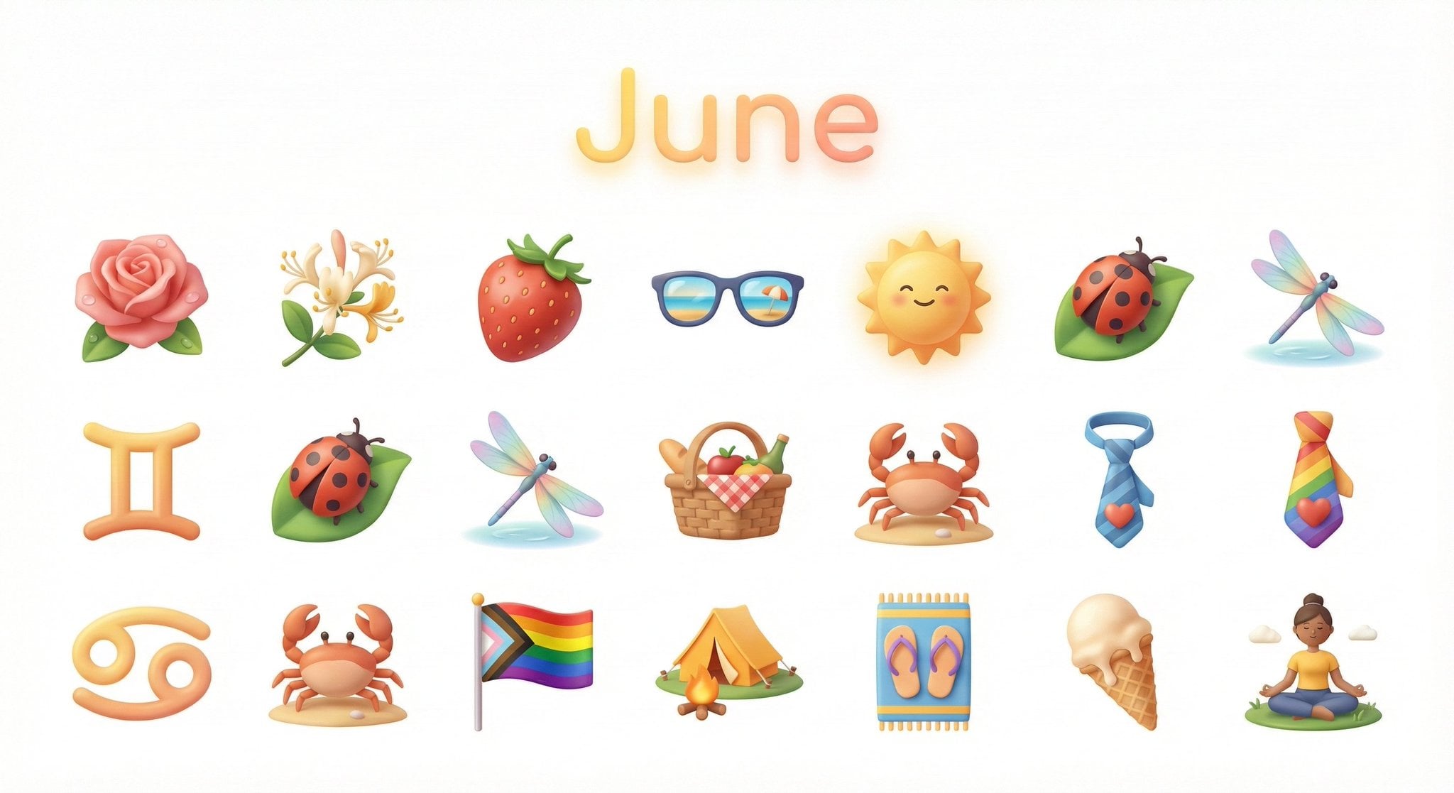Create a collection of icons representing [Month] through objects, symbols, and 