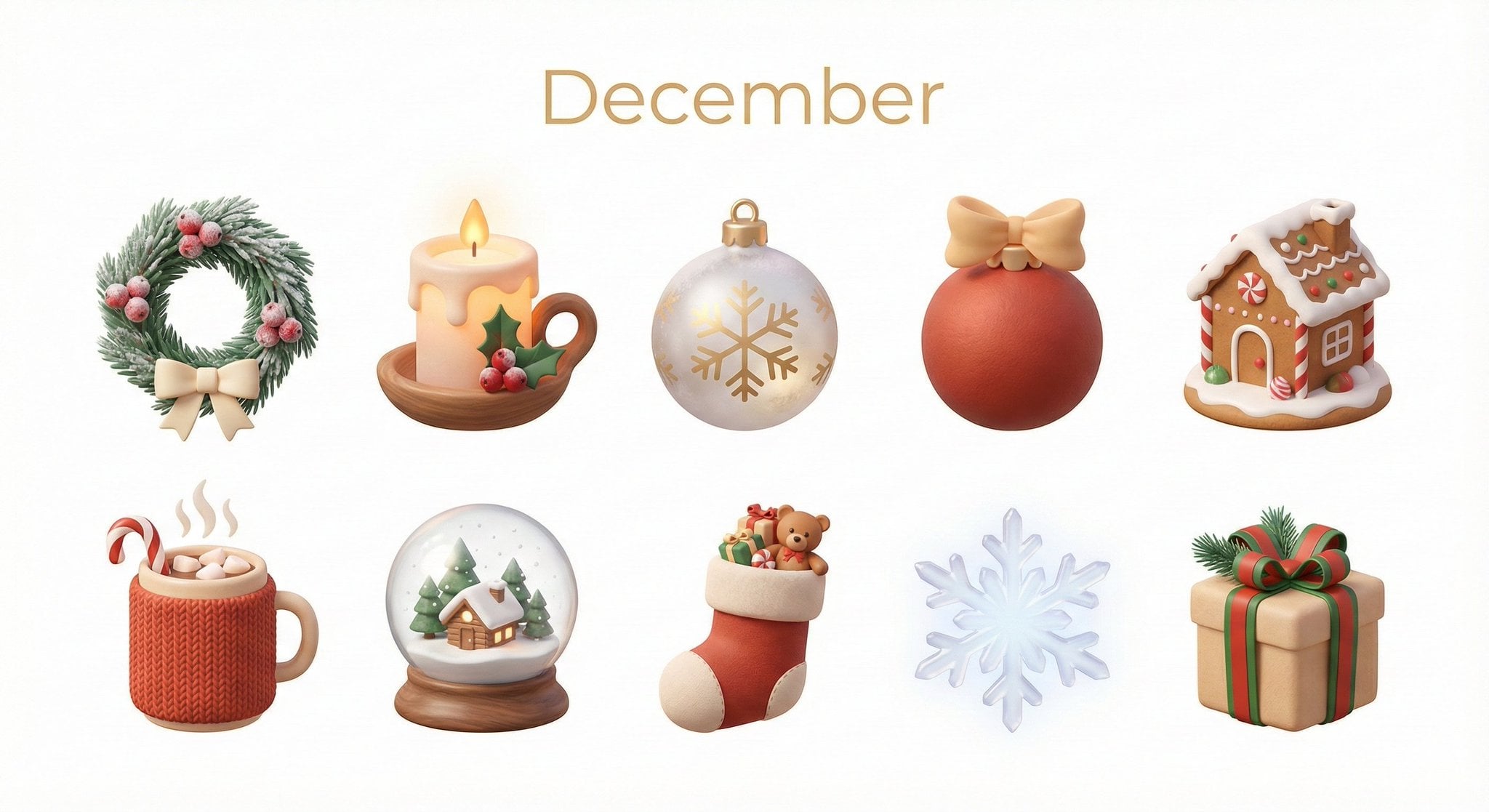 Create a collection of icons representing [Month] through objects, symbols, and 