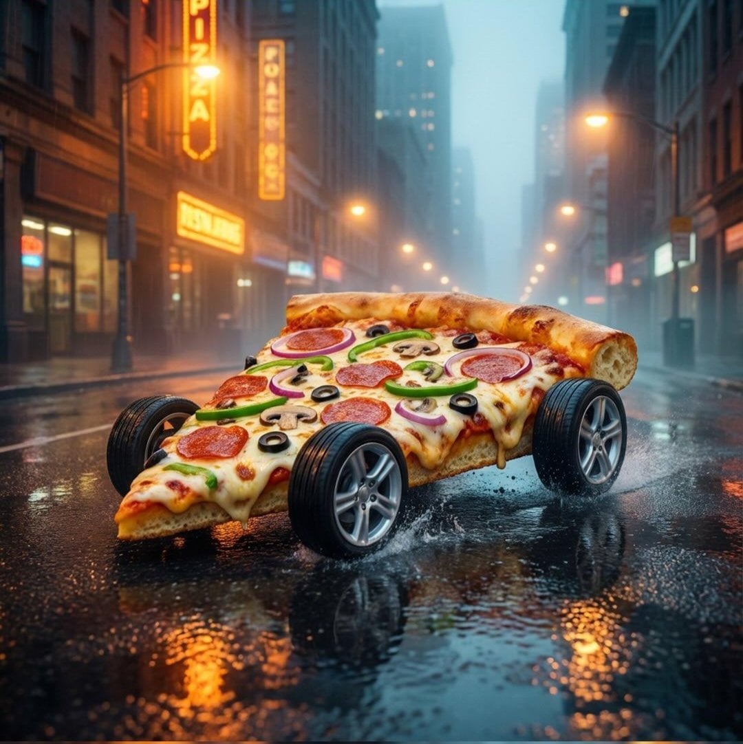 {
  "Objective": "Create a surreal, hyper-detailed fantasy world where pizza bec