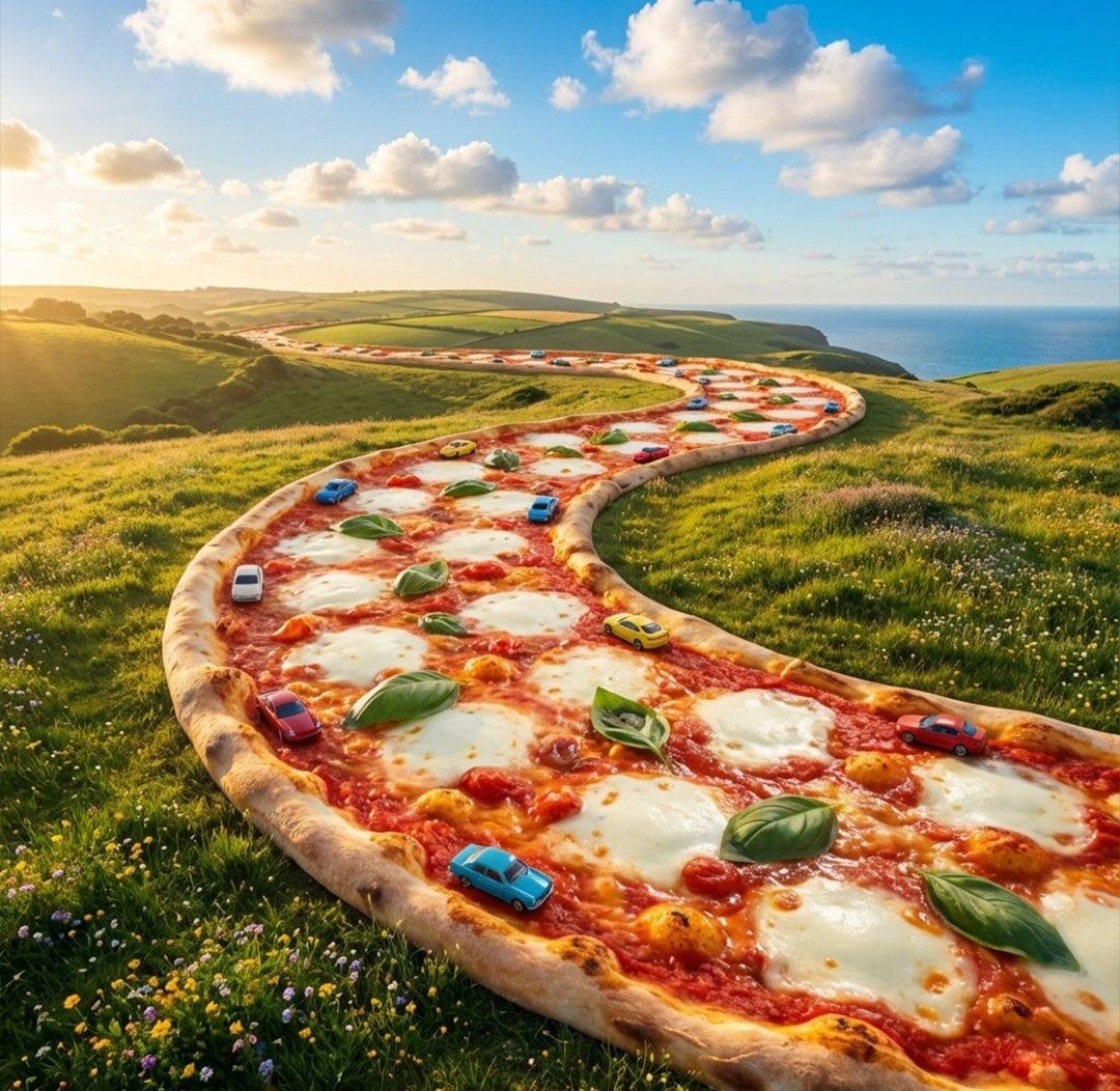{
  "Objective": "Create a surreal, hyper-detailed fantasy world where pizza bec