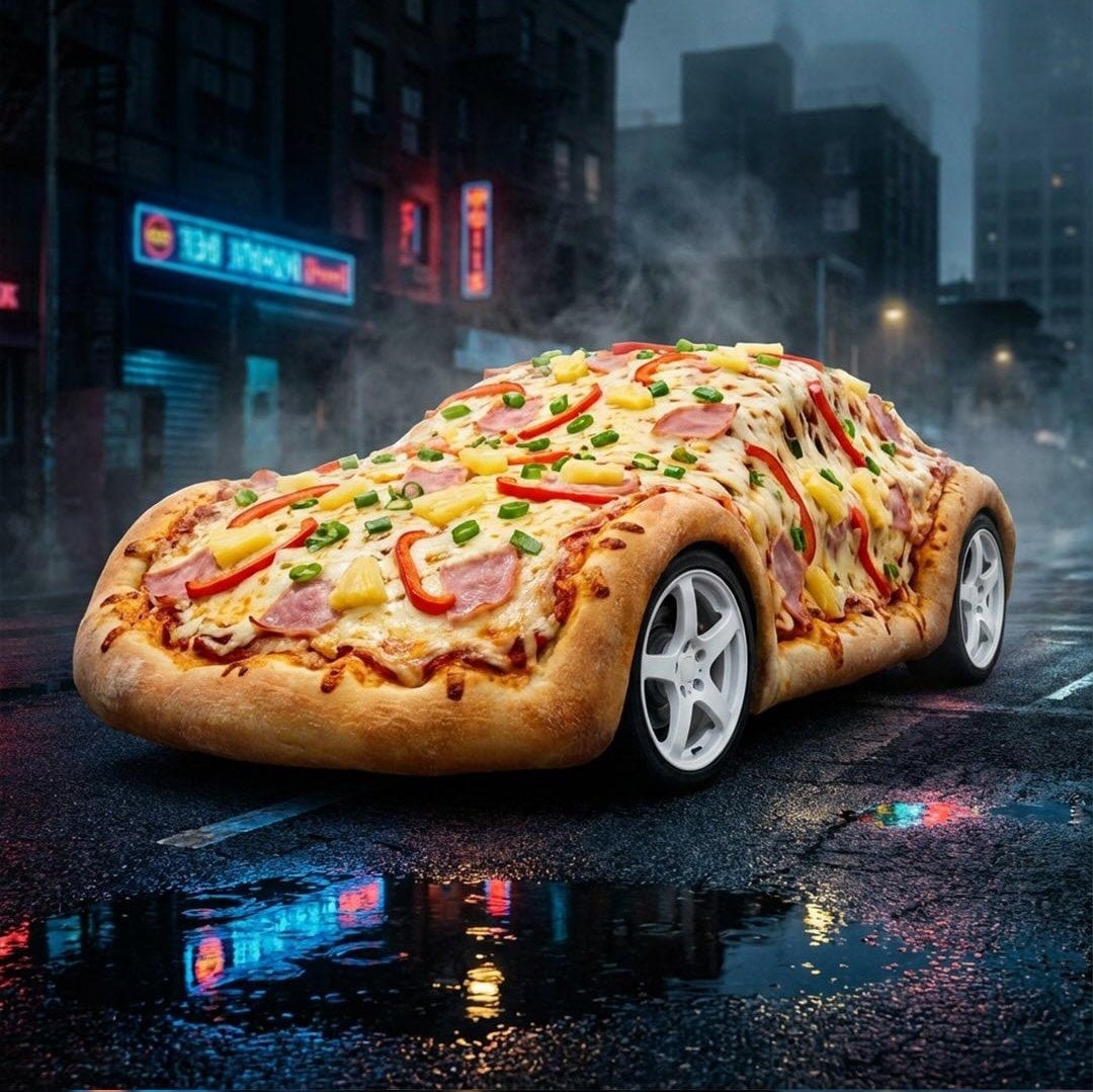 {
  "Objective": "Create a surreal, hyper-detailed fantasy world where pizza bec