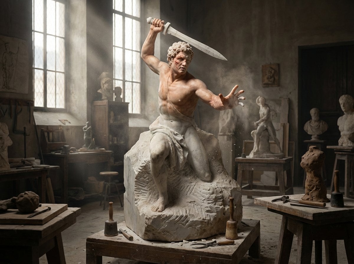 A half-finished marble sculpture in a dusty Renaissance workshop, with the [SUBJ