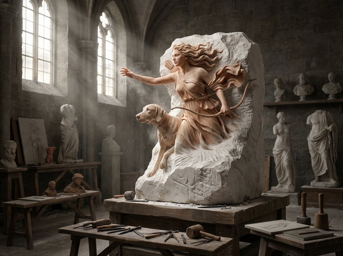A half-finished marble sculpture in a dusty Renaissance workshop, with the [SUBJ