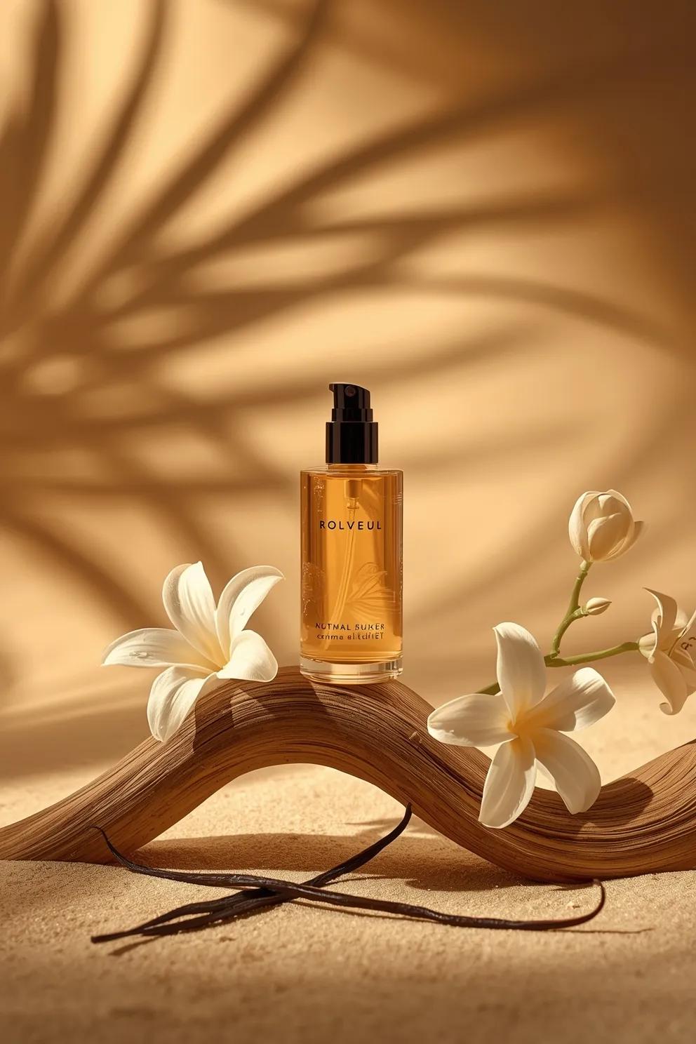 - Ultra-cinematic luxury skincare product photography of a translucent amber ser