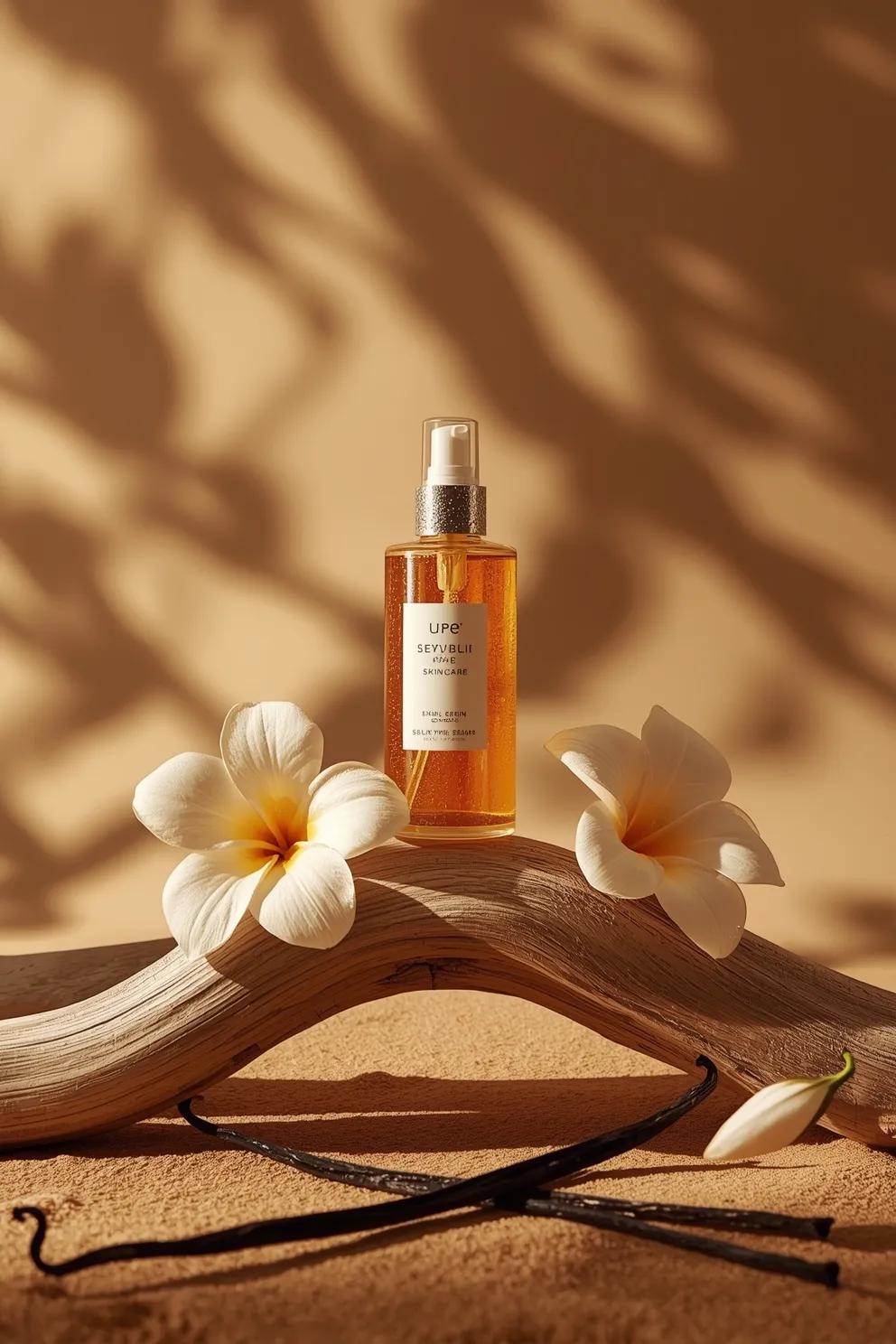 - Ultra-cinematic luxury skincare product photography of a translucent amber ser