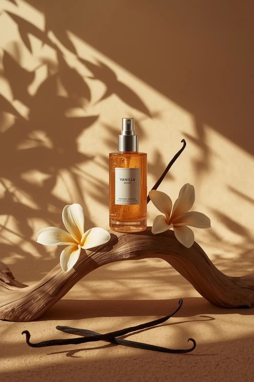 - Ultra-cinematic luxury skincare product photography of a translucent amber ser