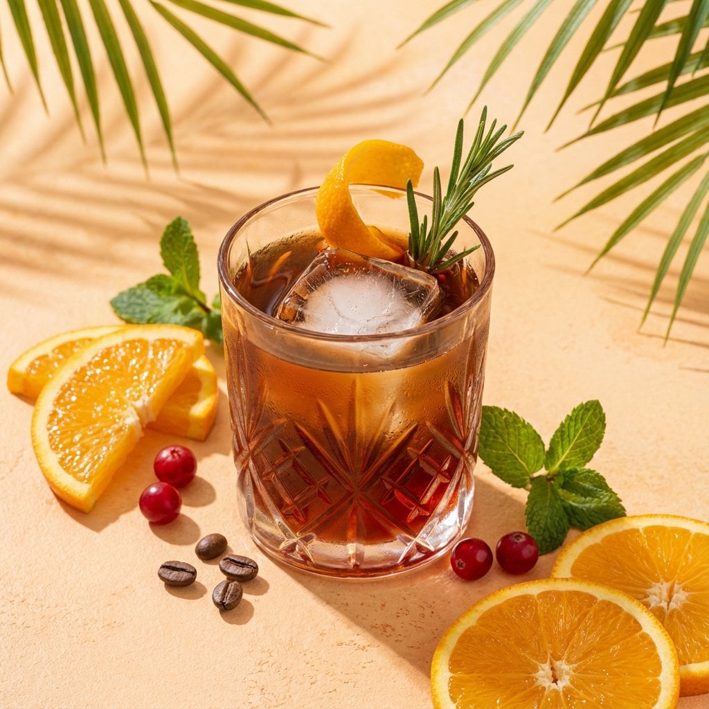 A high-end studio photograph of a [YOUR COCKTAIL], shot from a high-angle slight