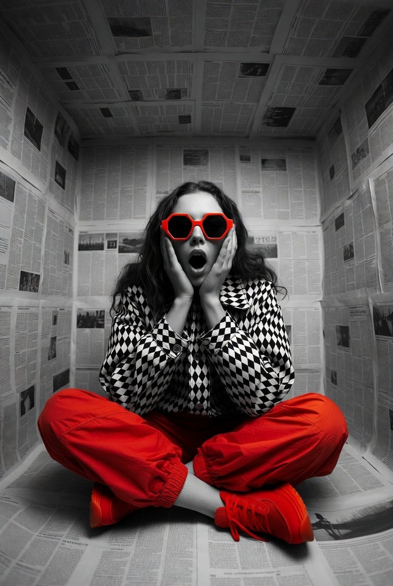 Hyper-realistic editorial photo shot at eye level with a 12mm ultra-wide lens, f