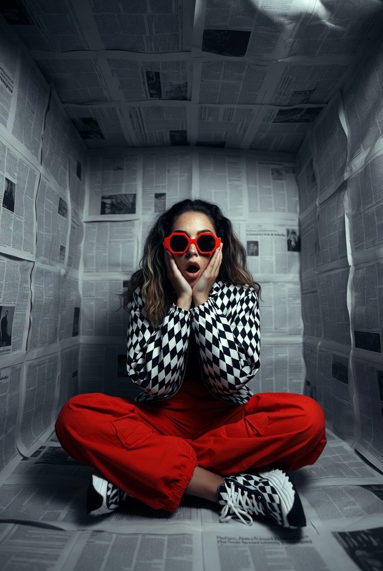 Hyper-realistic editorial photo shot at eye level with a 12mm ultra-wide lens, f