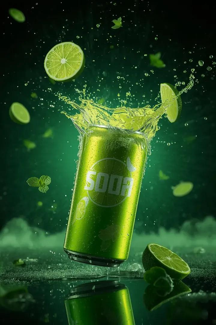 - Ultra-cinematic beverage advertising shot of a sparkling lime soda can, captur