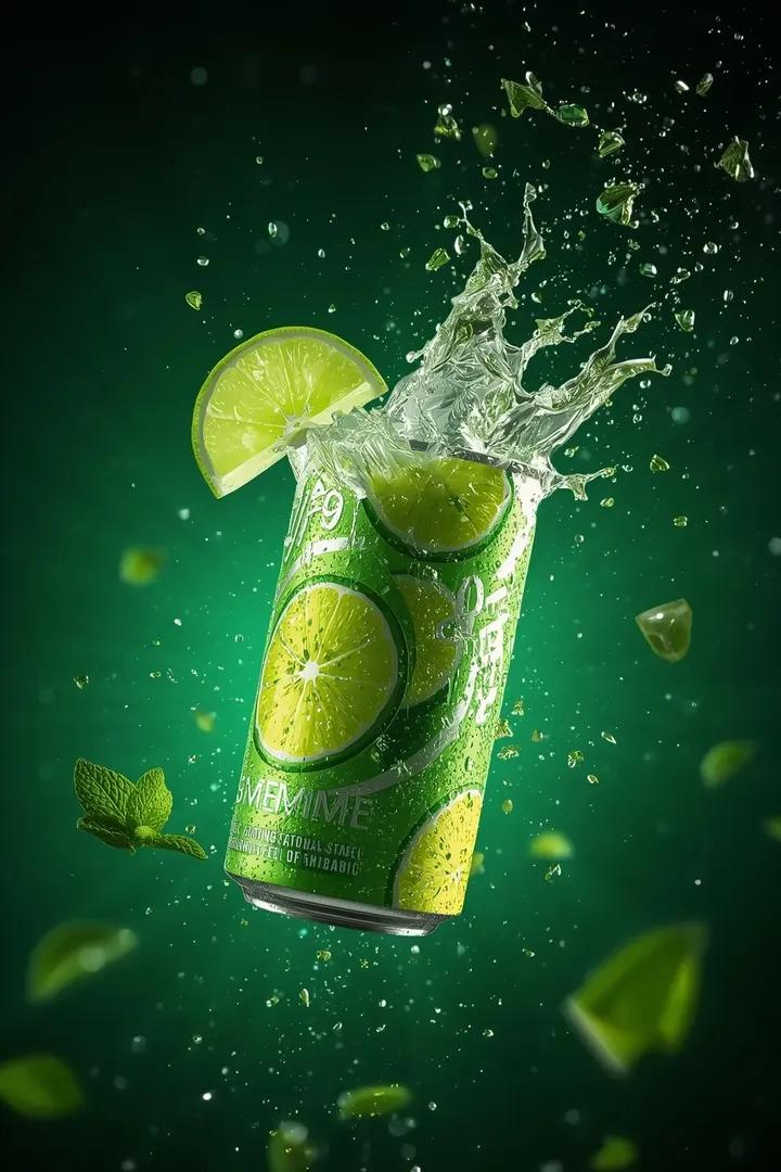 - Ultra-cinematic beverage advertising shot of a sparkling lime soda can, captur