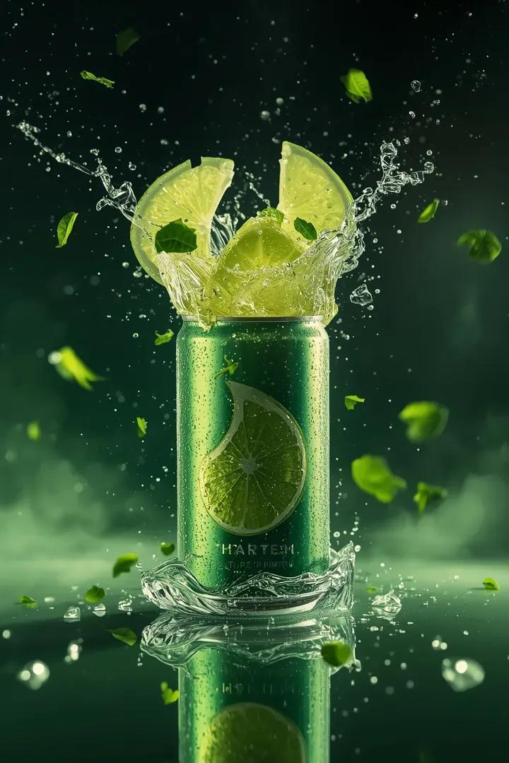 - Ultra-cinematic beverage advertising shot of a sparkling lime soda can, captur