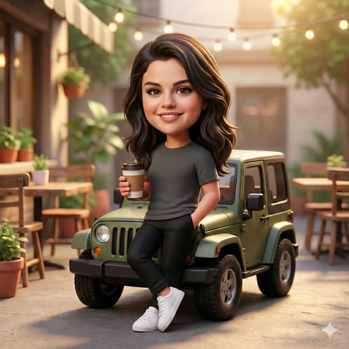 A cute 3D chibi-style character leaning against a parked mini chibi Jeep, wearin