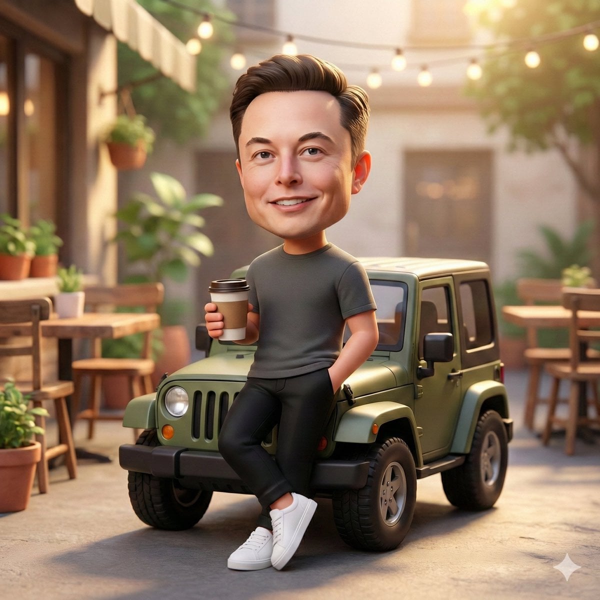 A cute 3D chibi-style character leaning against a parked mini chibi Jeep, wearin