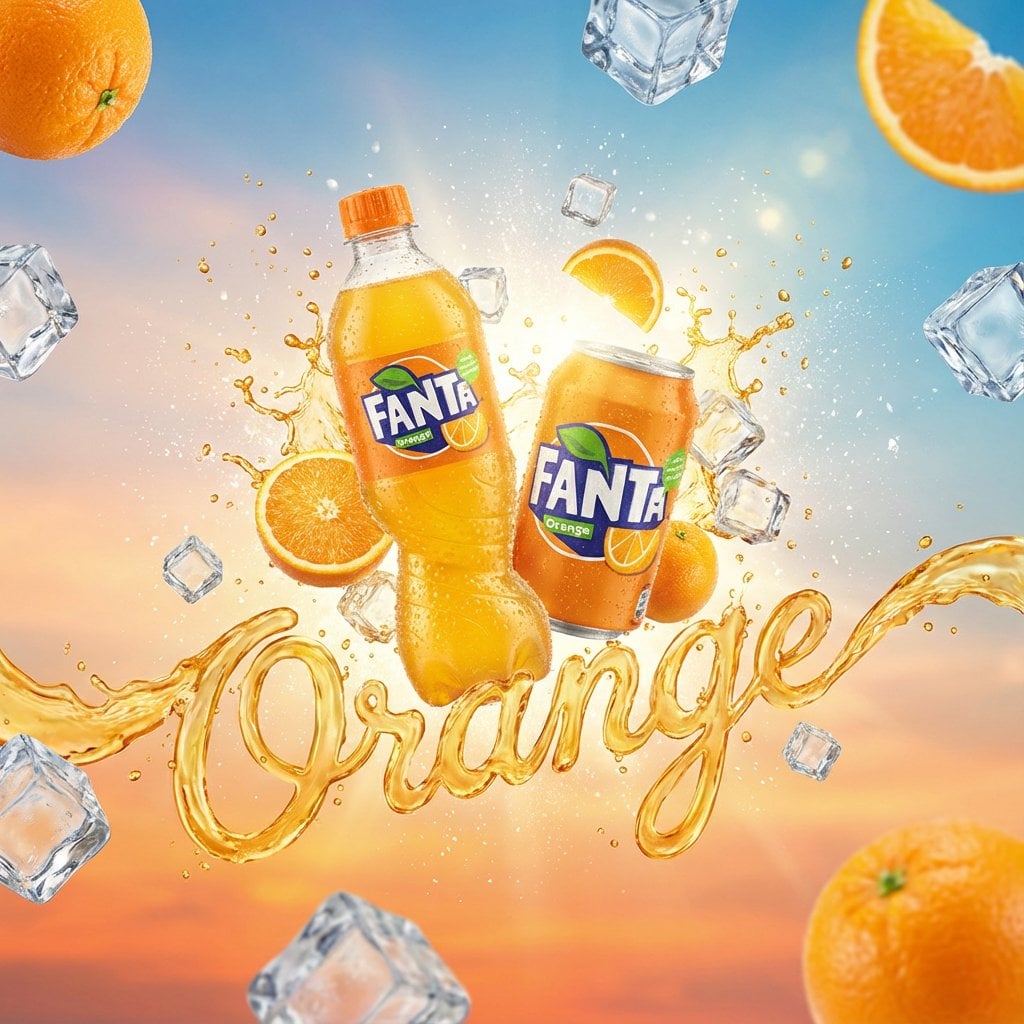 A vibrant, high-end advertising visual of a [PRODUCT NAME] can/bottle floating d