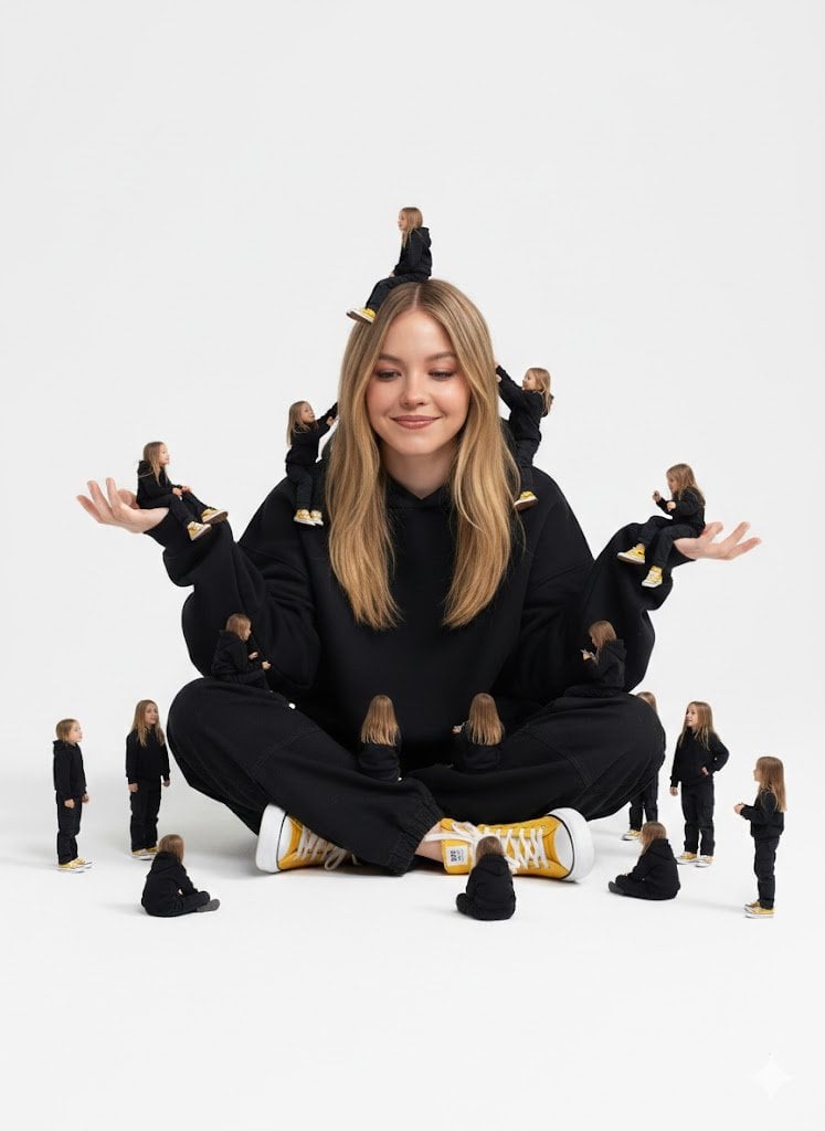 A creative surreal image of a woman sitting on the ground, wearing a dark yellow
